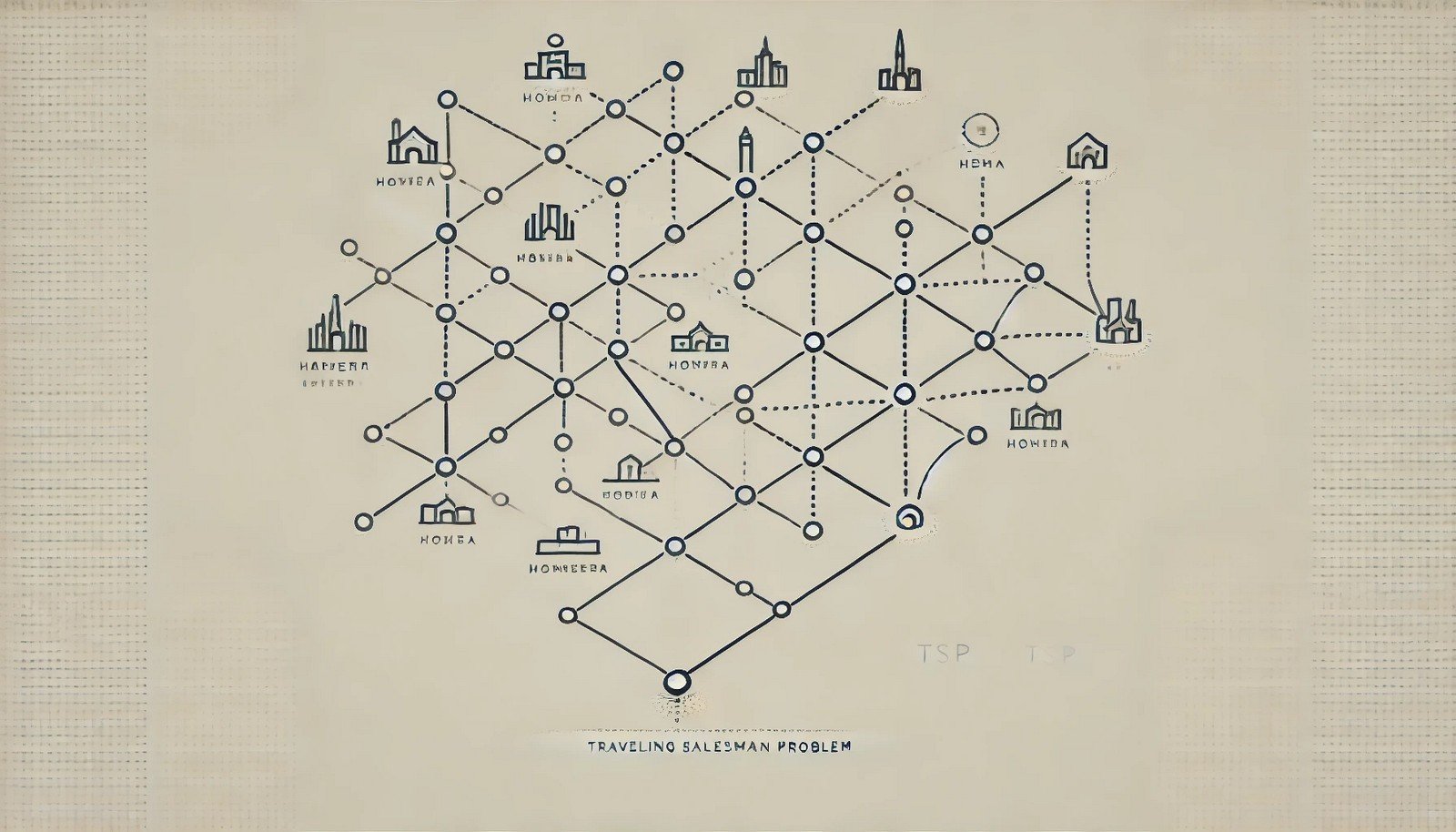 A minimalistic illustration of the Traveling Salesman Problem (TSP), featuring dots representing cities connected by lines, with one distinct highlighted path indicating the optimal route on a neutral background.