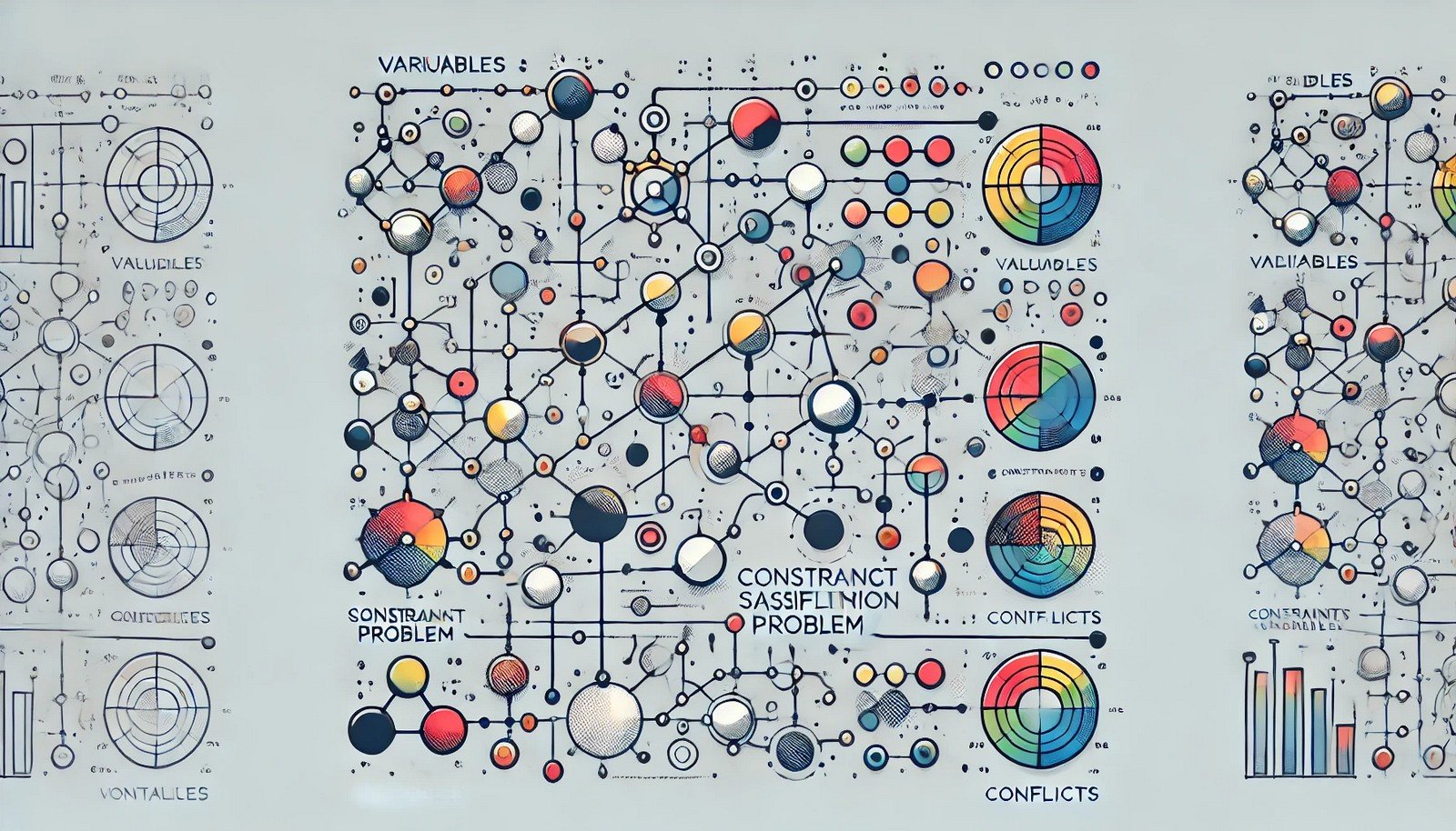 An illustration of a Constraint Satisfaction Problem (CSP) showing interconnected nodes representing variables and lines as constraints, visually resembling a map-coloring puzzle with distinct colors for clarity.