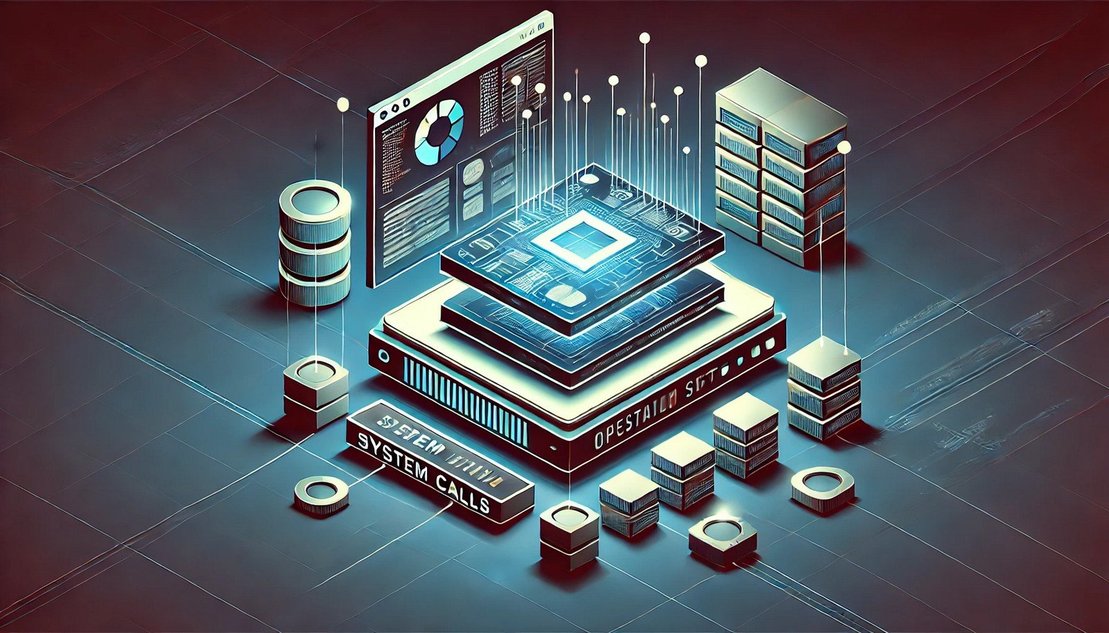 A modern, minimalistic illustration of system calls showing an abstract representation of a computer application layer connected to an operating system layer, acting as a bridge to hardware resources.