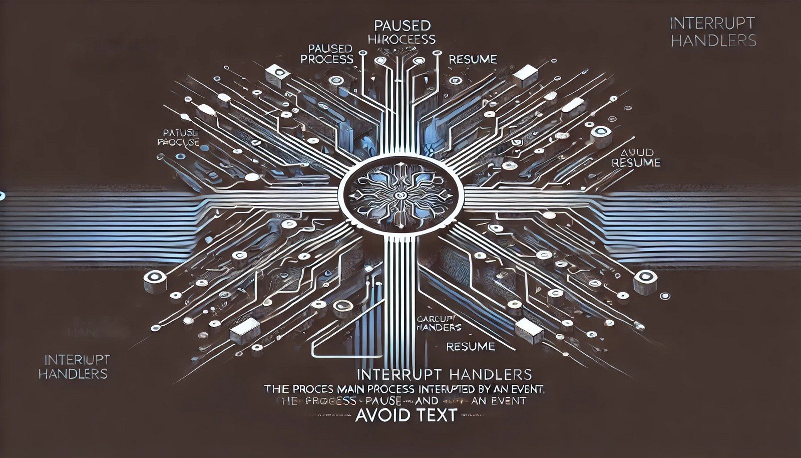 Abstract depiction of interrupt handlers in computing, showing a paused main process with branching pathways representing interruptions and resumptions, symbolizing real-time event handling in a circuit-like design.