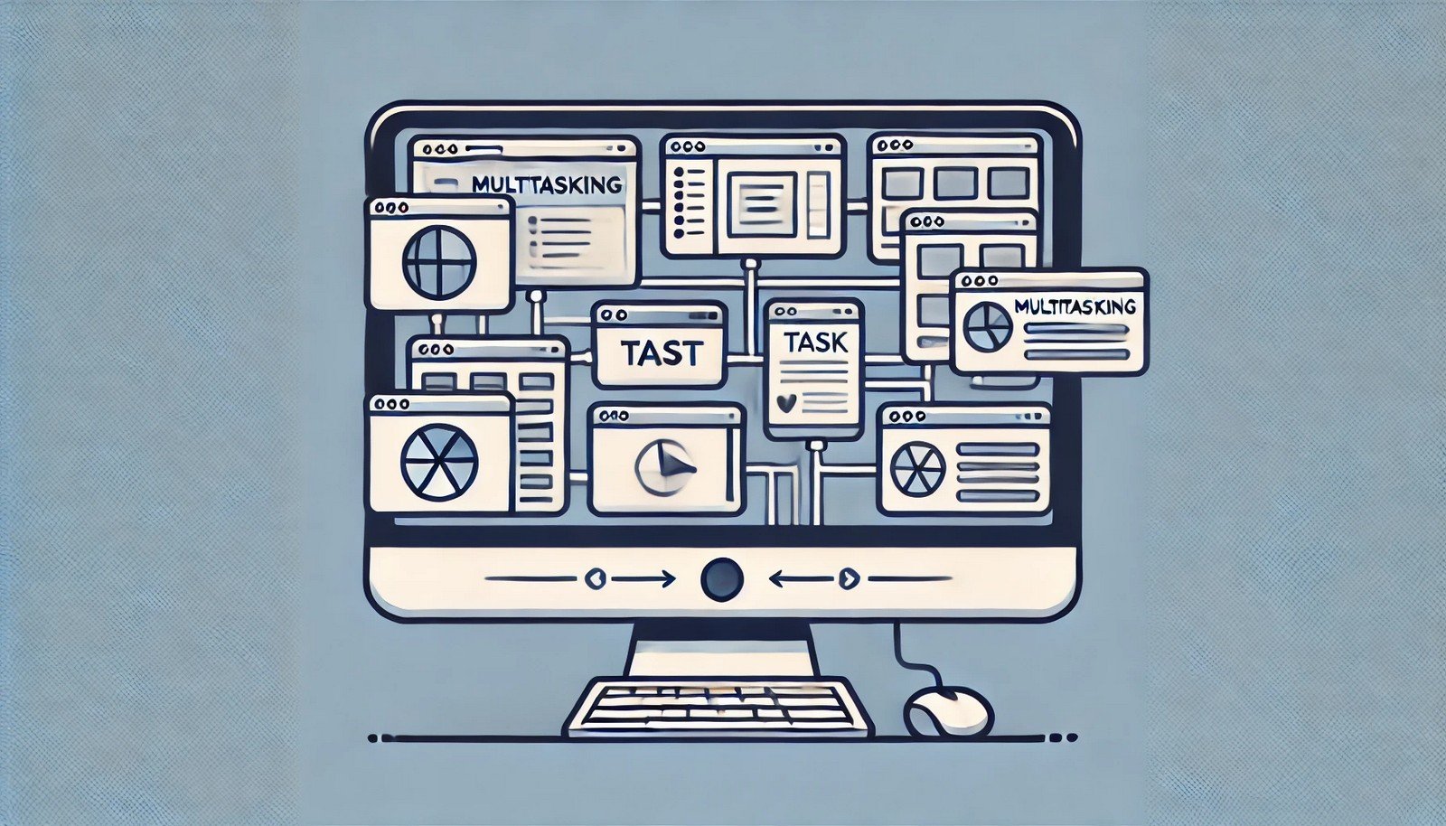 A clean illustration of multitasking in computer software, showing a computer screen with multiple application windows open, symbolizing task switching and simultaneous resource sharing.