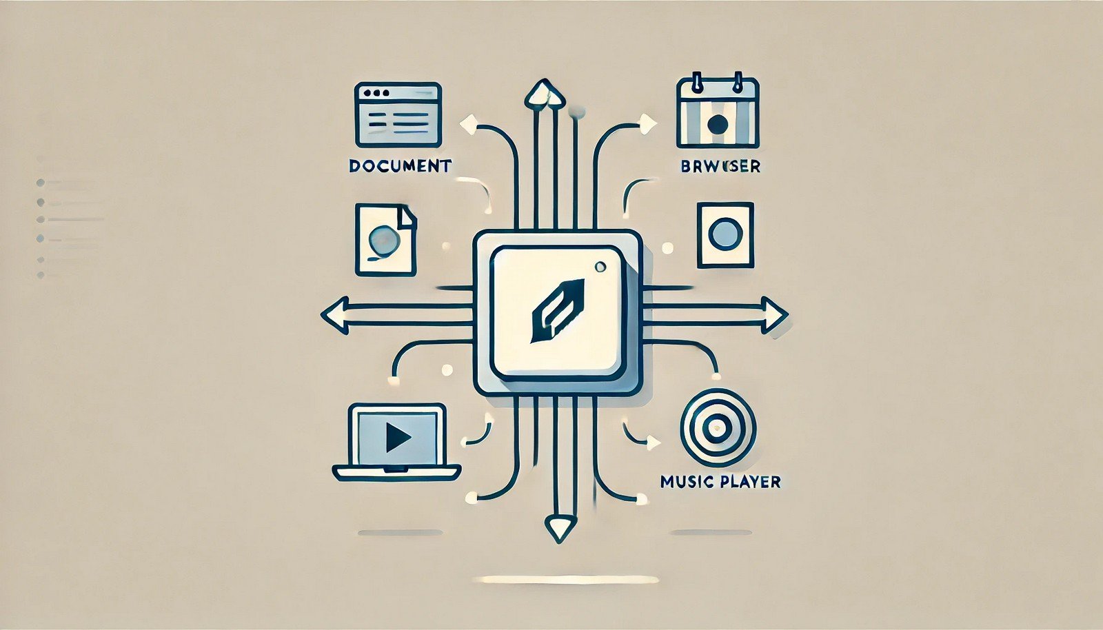 Illustration of a CPU switching between tasks, represented by document, browser, and music player icons connected with curved arrows, symbolizing the task-switching process in a minimalist style.
