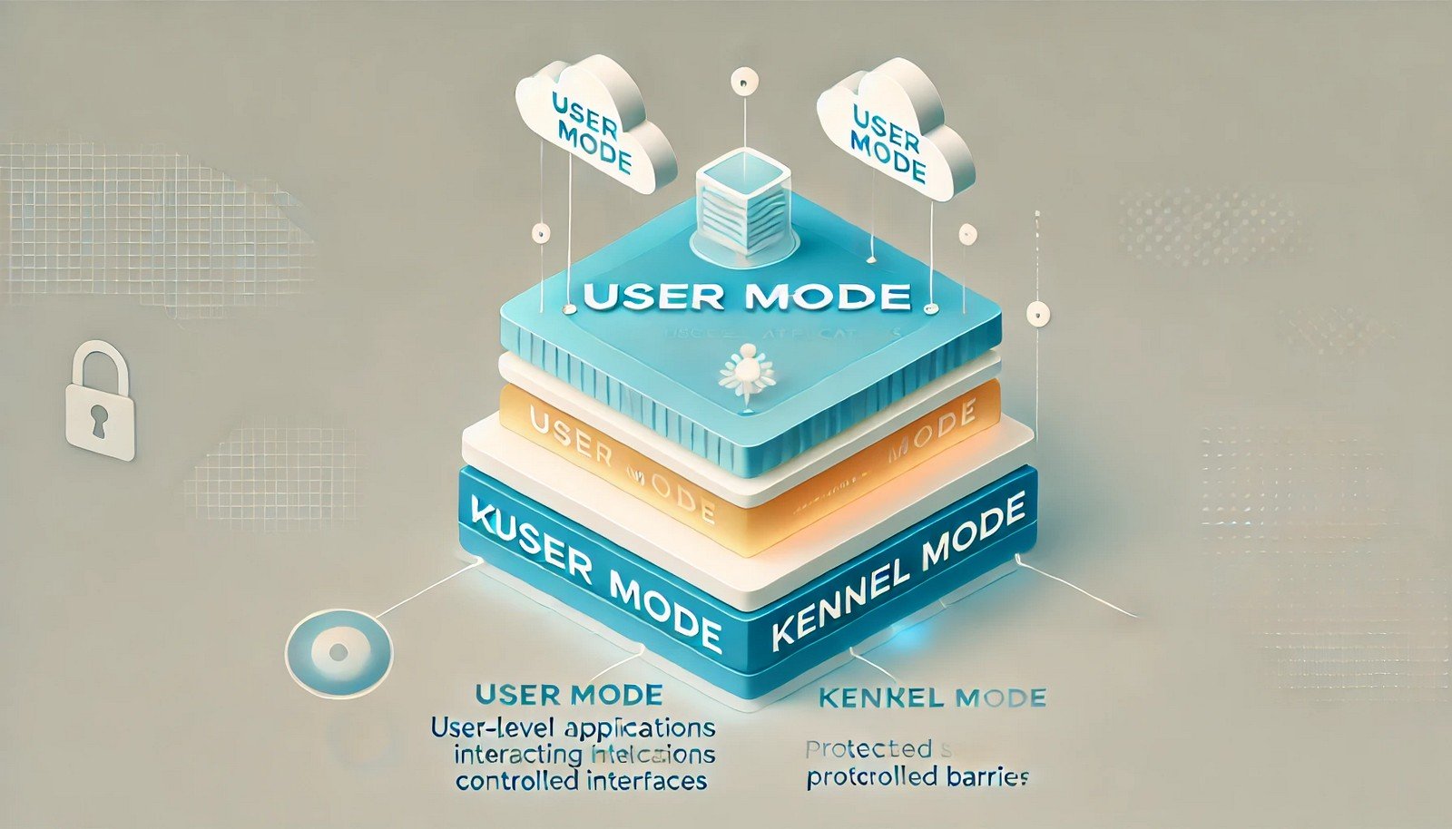 A two-layered illustration showing User Mode and Kernel Mode in a computer system. User Mode applications interact through controlled interfaces, separated by a secure barrier from the Kernel Mode below.