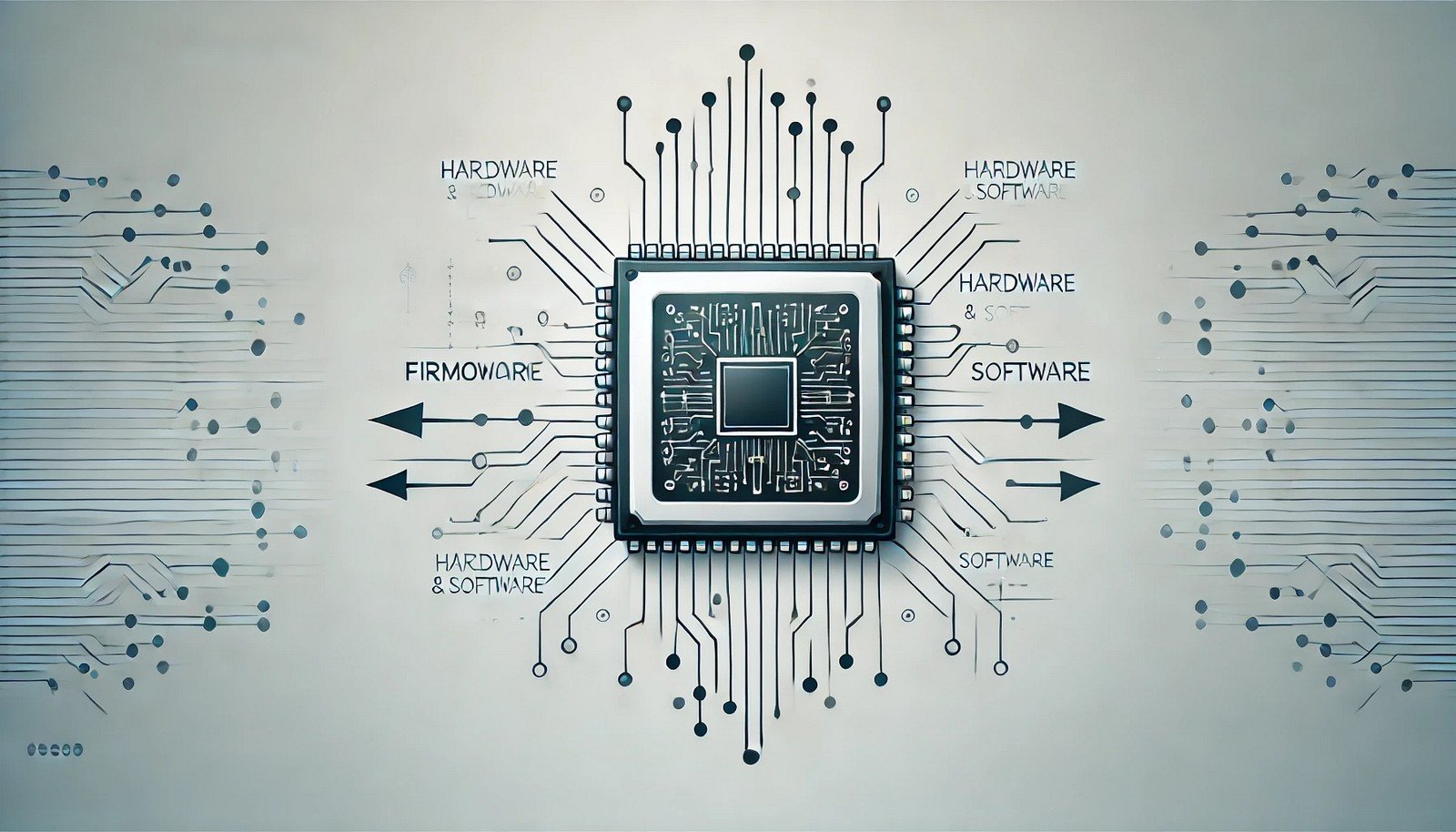 A clean and simple illustration of firmware showing a computer chip with small arrows representing data flow between hardware and software layers, surrounded by circuit elements on a futuristic gradient background.