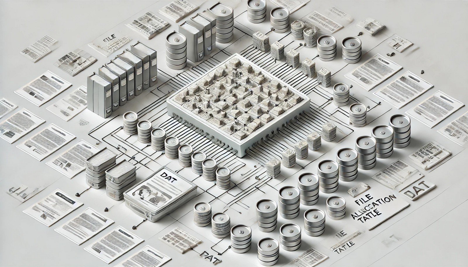An isometric digital illustration of a file system with a structured grid design, showing a central table mapping file locations to storage blocks. The clean, modern design highlights data organization and file management.