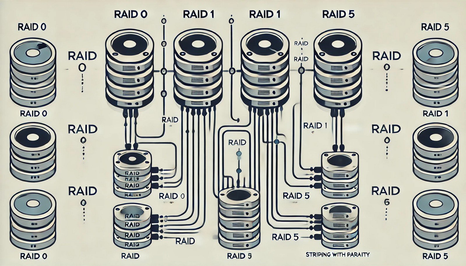 A visual representation of RAID Levels, showing multiple hard drives connected in different configurations: RAID 0 (striping), RAID 1 (mirroring), and RAID 5 (striping with parity). The image illustrates data flow and redundancy.