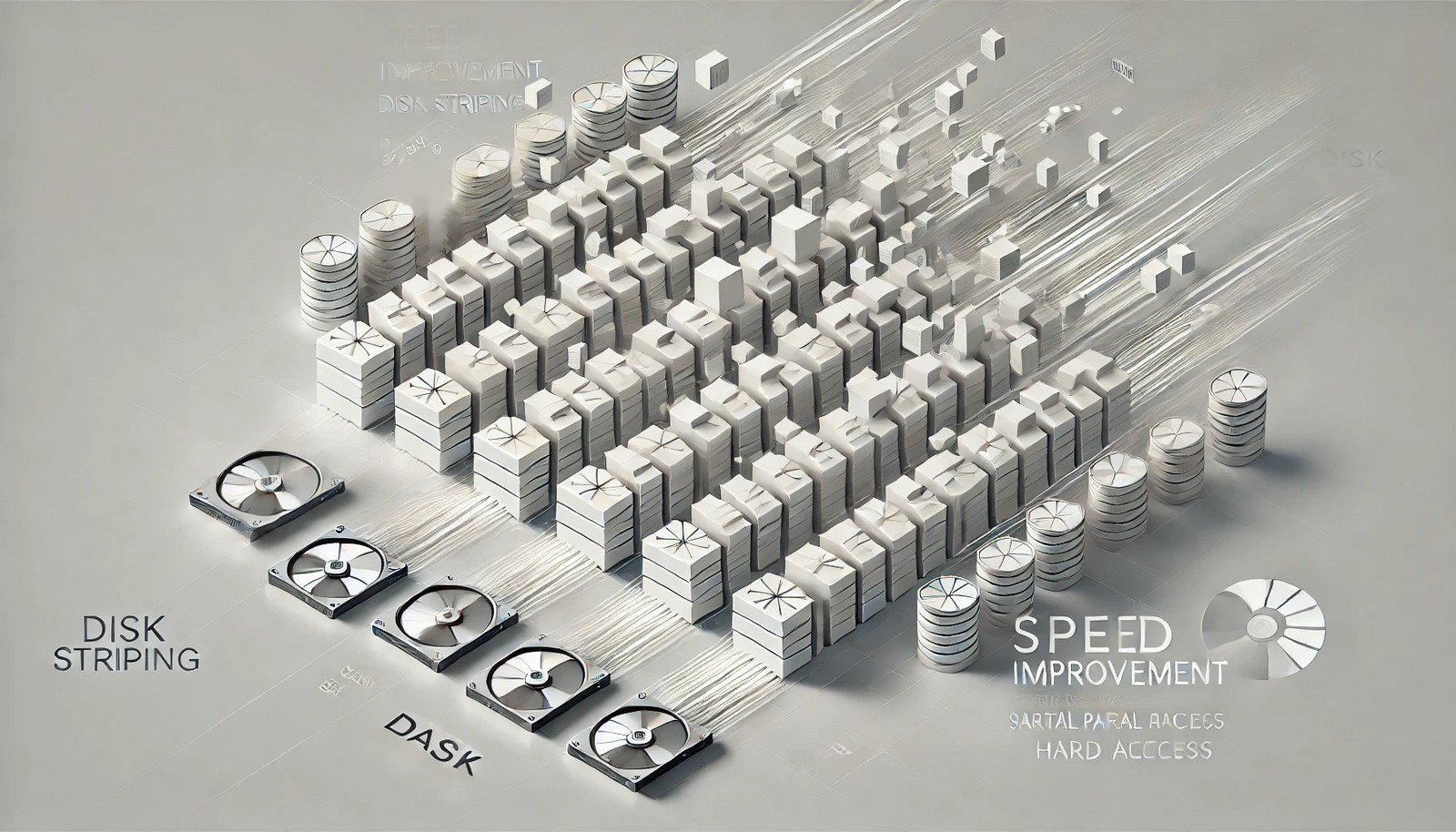 A digital illustration of disk striping, showing data blocks being evenly distributed across multiple hard drives. The visual represents parallel data access for improved speed and efficiency without using any text labels.