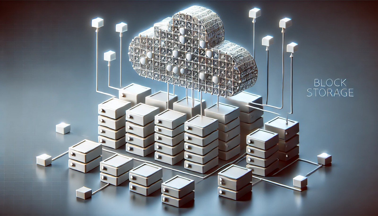 A modern digital illustration of block storage, showing structured data in small, numbered blocks connected to a cloud server. The design emphasizes efficient data organization and retrieval in a futuristic, minimalistic style.