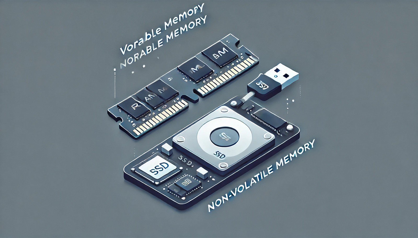 A modern digital illustration comparing volatile and non-volatile memory. It features a RAM chip losing data when unplugged and an SSD with a USB drive retaining data, symbolizing persistent storage without power.