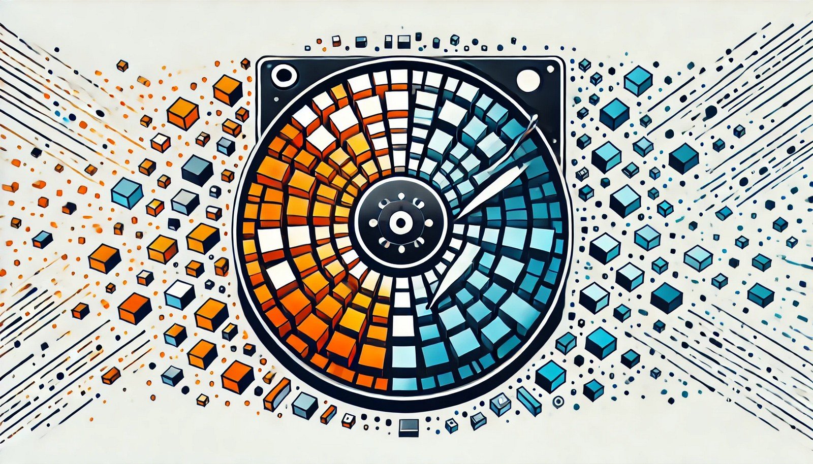 A visually engaging digital illustration representing disk fragmentation, with data blocks scattered across a hard drive. Contrasting colors highlight fragmented and organized sections, depicting the process of defragmentation and file system optimization.