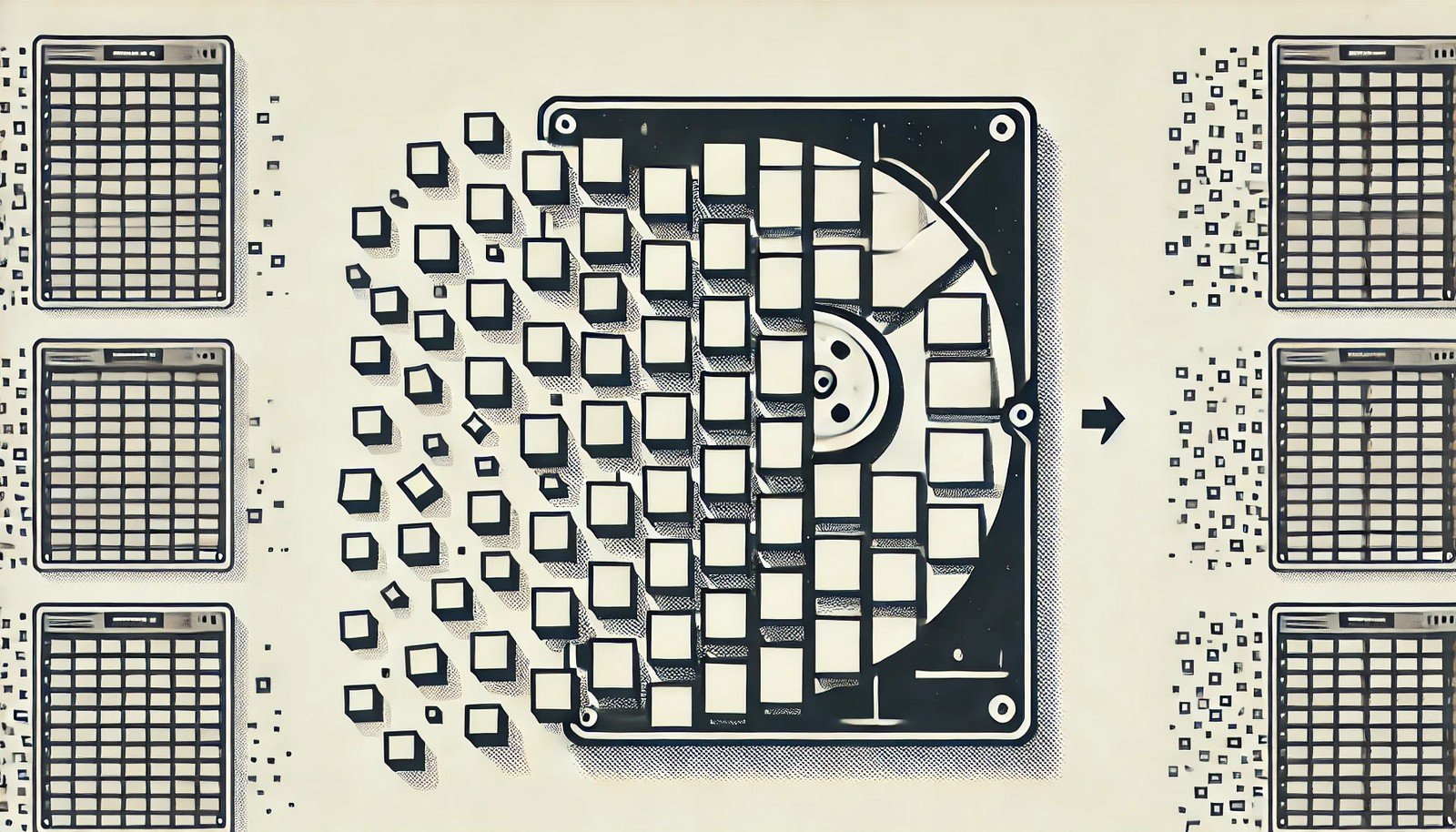 A conceptual illustration of a fragmented hard drive being reorganized, with scattered file blocks transforming into neatly aligned sections, symbolizing the defragmentation process in computer storage optimization.