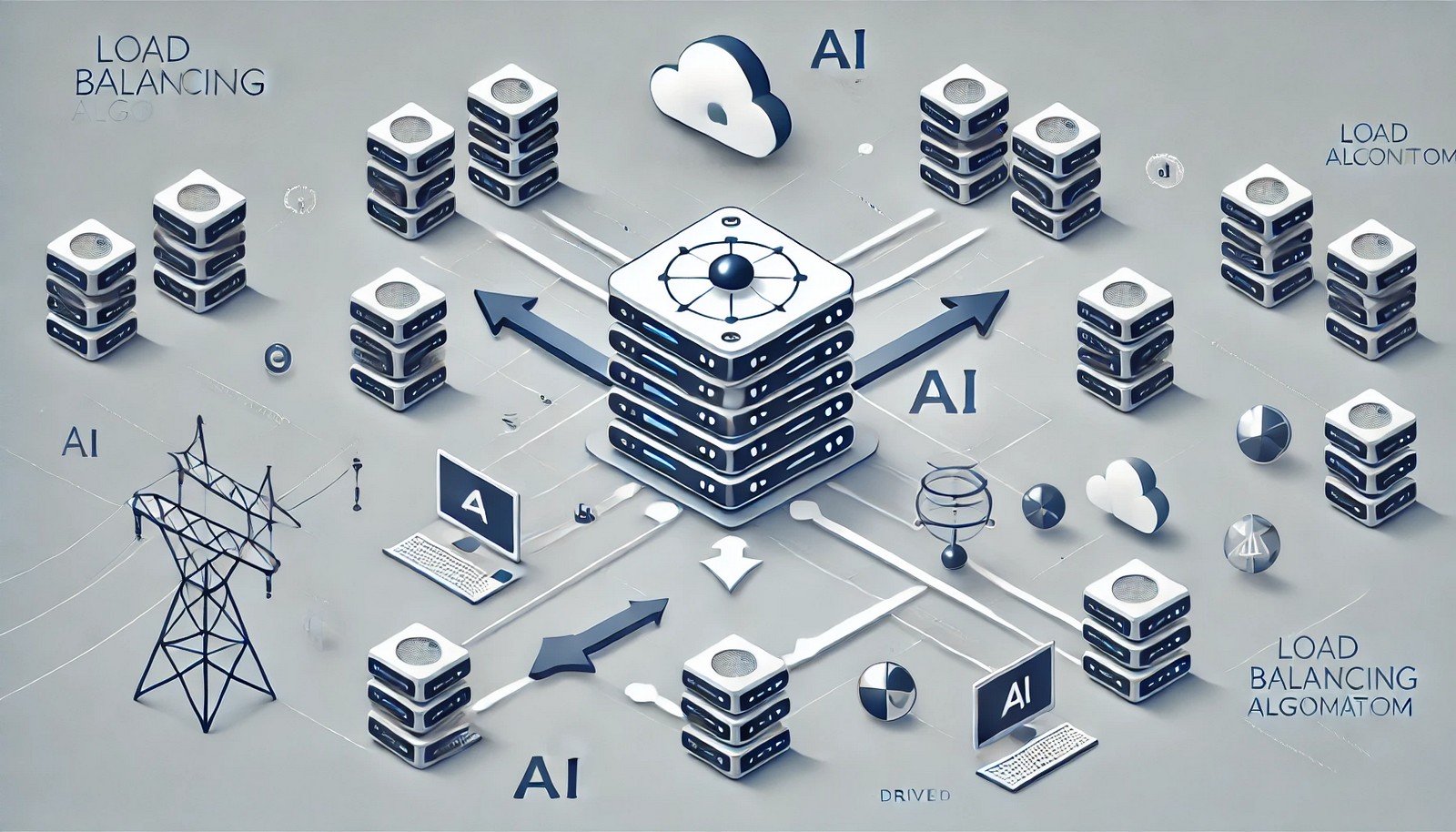 A modern and minimalistic illustration of a load balancing algorithm, showing multiple servers with arrows distributing network traffic evenly. A central AI-driven balancer efficiently directs requests to optimize performance without overloading any single server.