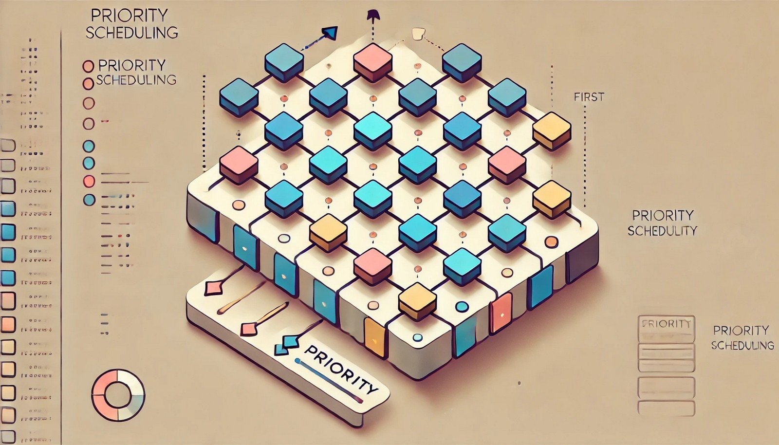 A minimalist digital illustration of Priority Scheduling in computing, showing multiple processes as colored boxes, each with a different priority level, with arrows directing the highest-priority task to the CPU first.
