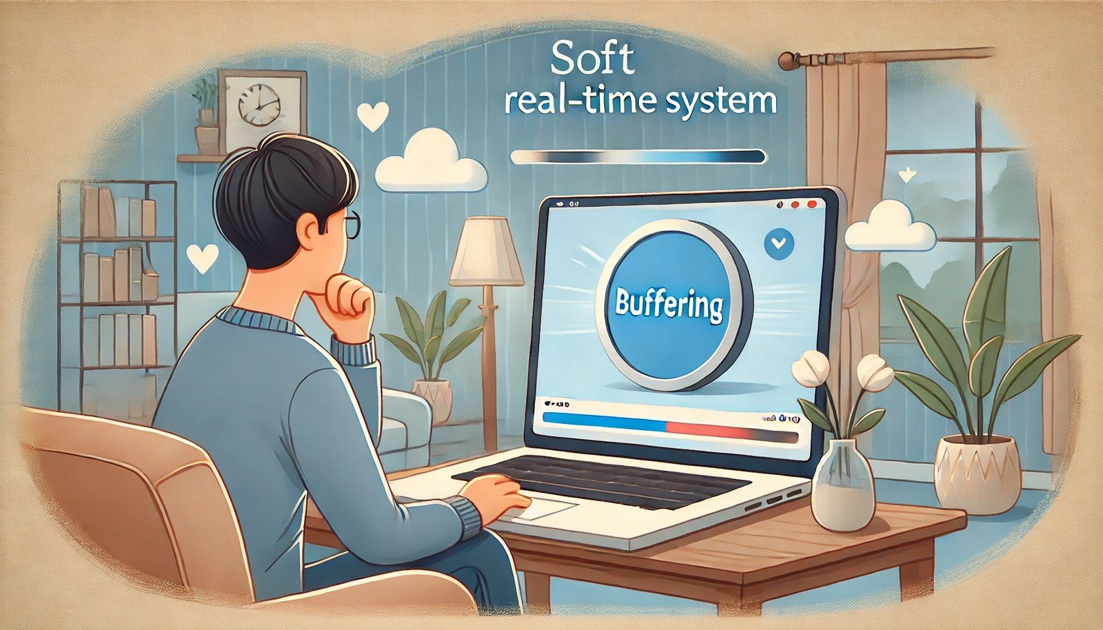 A person watching a live video stream on a laptop in a cozy living room. The video playback is mostly smooth, with occasional buffering pauses, illustrating how soft real-time systems handle minor network delays.