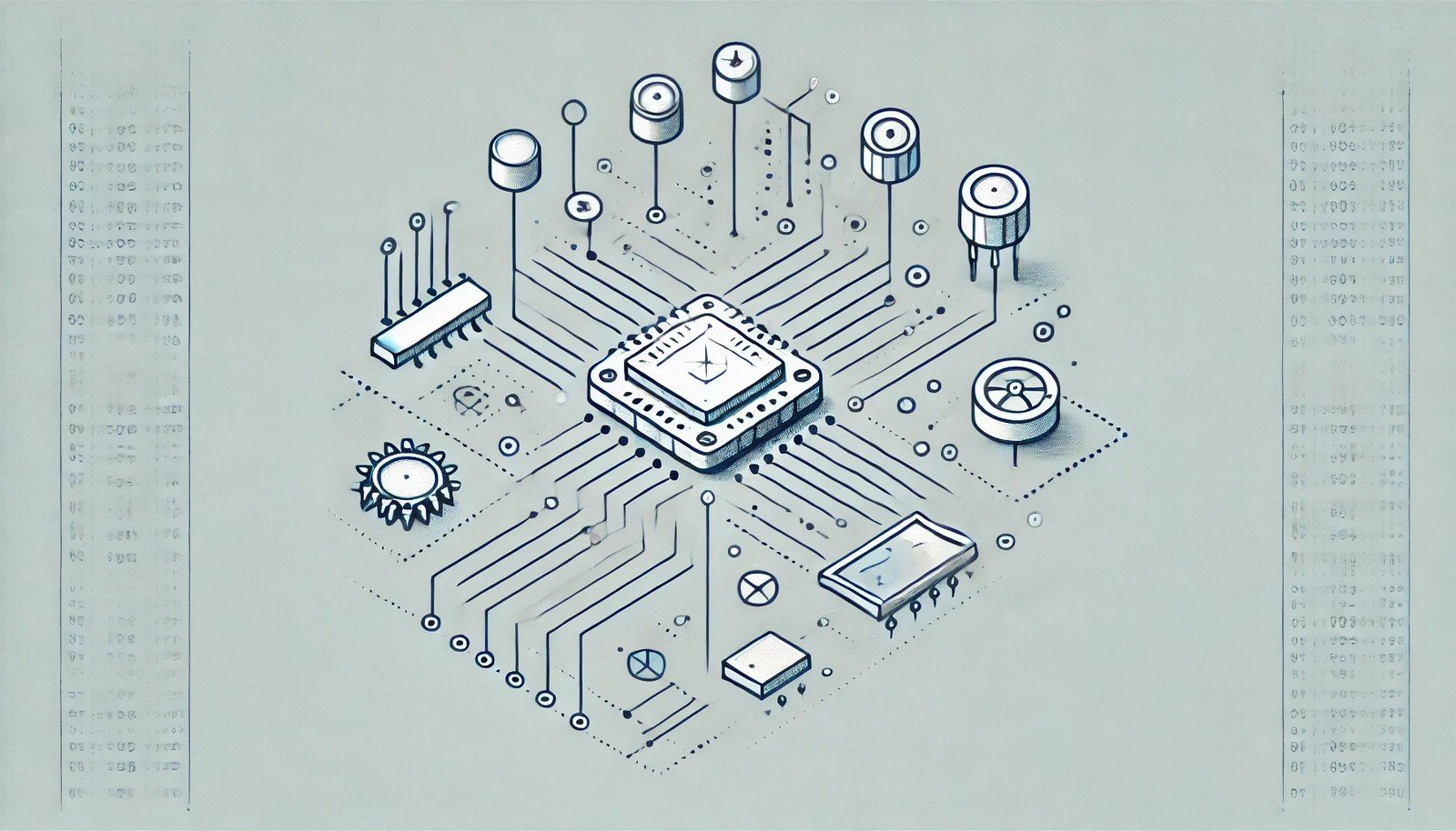 A schematic illustration of an embedded system with a central microcontroller linked to sensors, actuators, and a display, visually representing their interaction. The design is modern, minimalistic, and circuit-themed.