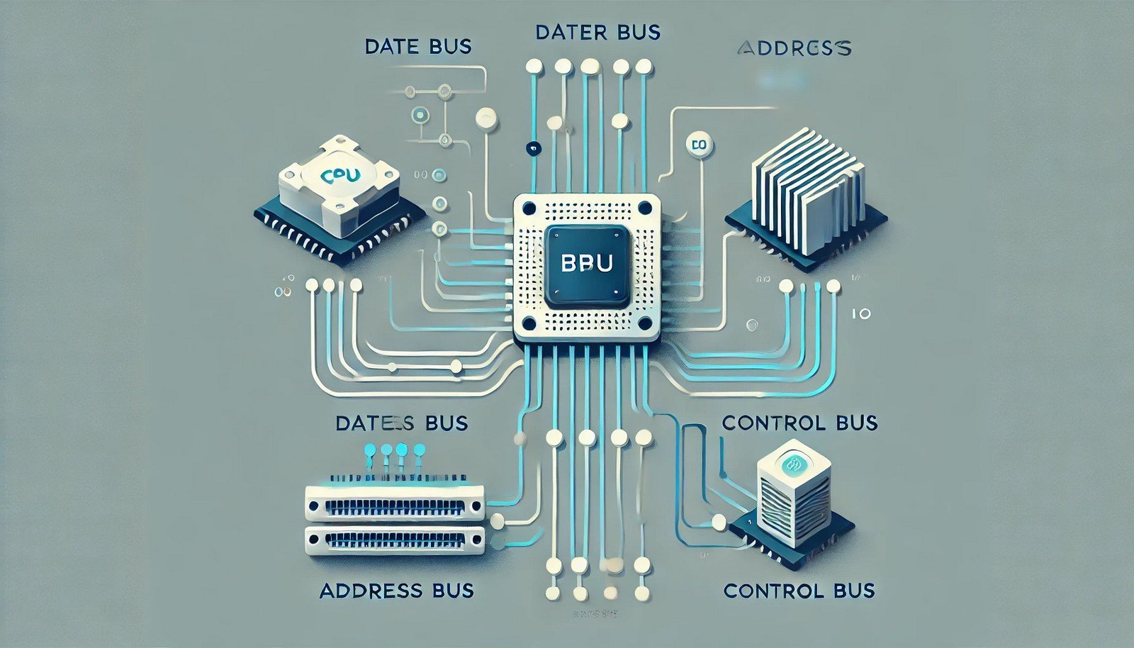 A futuristic and minimalistic illustration of a system bus in computer architecture, showing three distinct pathways linking a CPU, memory module, and I/O devices with smooth, soft-colored connections, emphasizing data flow.