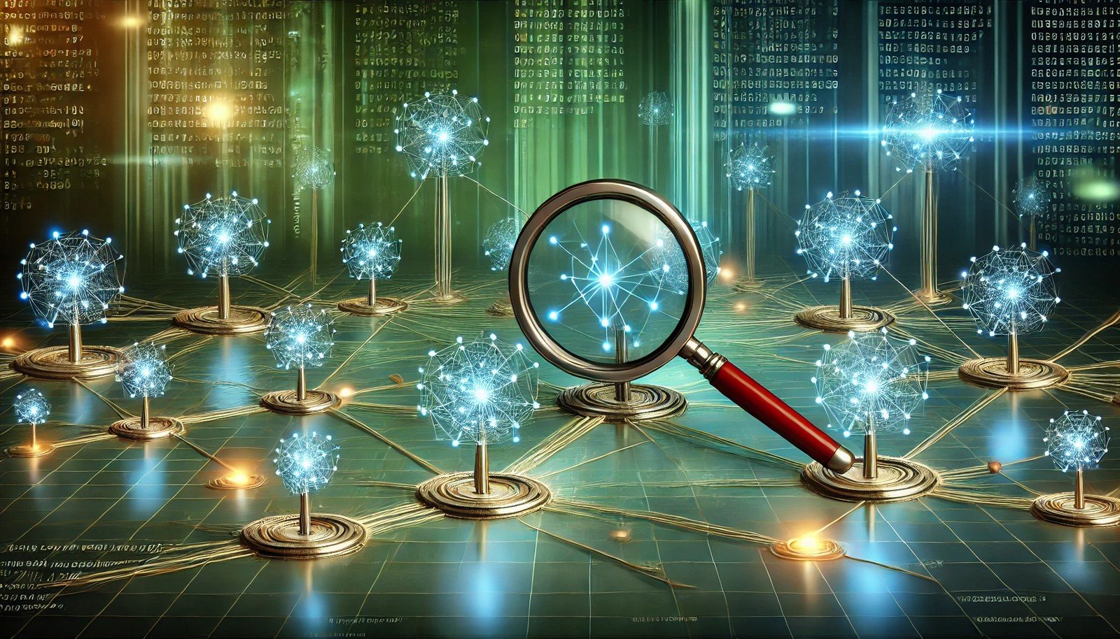 A digital illustration of network packet sniffing, showing data packets as glowing nodes connected by lines. A magnifying glass inspects packets, symbolizing analysis, set in a futuristic cyber-themed network background.