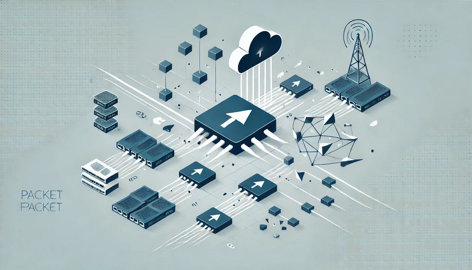 A digital illustration representing packet fragmentation, where a large data packet splits into smaller fragments moving through a network of routers and nodes, eventually reassembling at the destination. The design is modern and minimalistic.