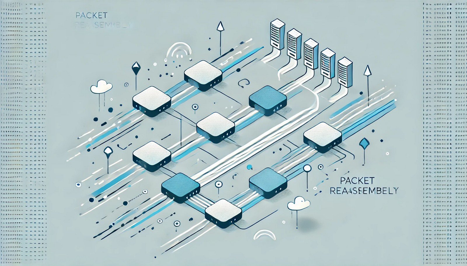 A visual representation of packet reassembly in a network, showing fragmented data packets traveling along different paths and merging into a complete data structure at the destination in a minimalistic style.