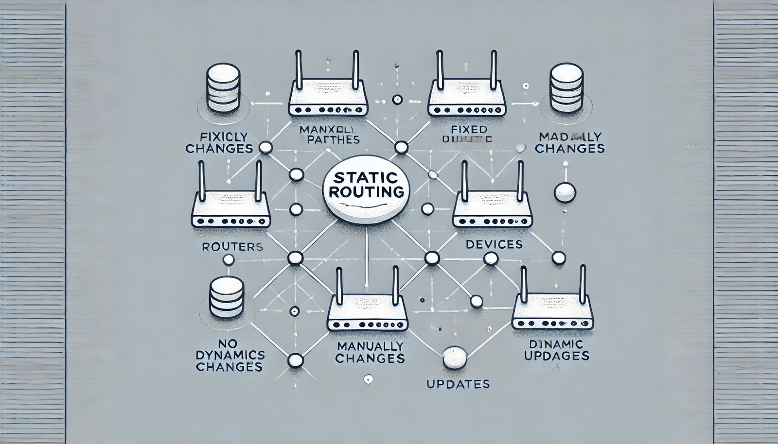 A minimalistic digital illustration showing a static routing network with fixed paths connecting routers and devices. The structured, unchanging network visually represents manually defined routes without dynamic updates.
