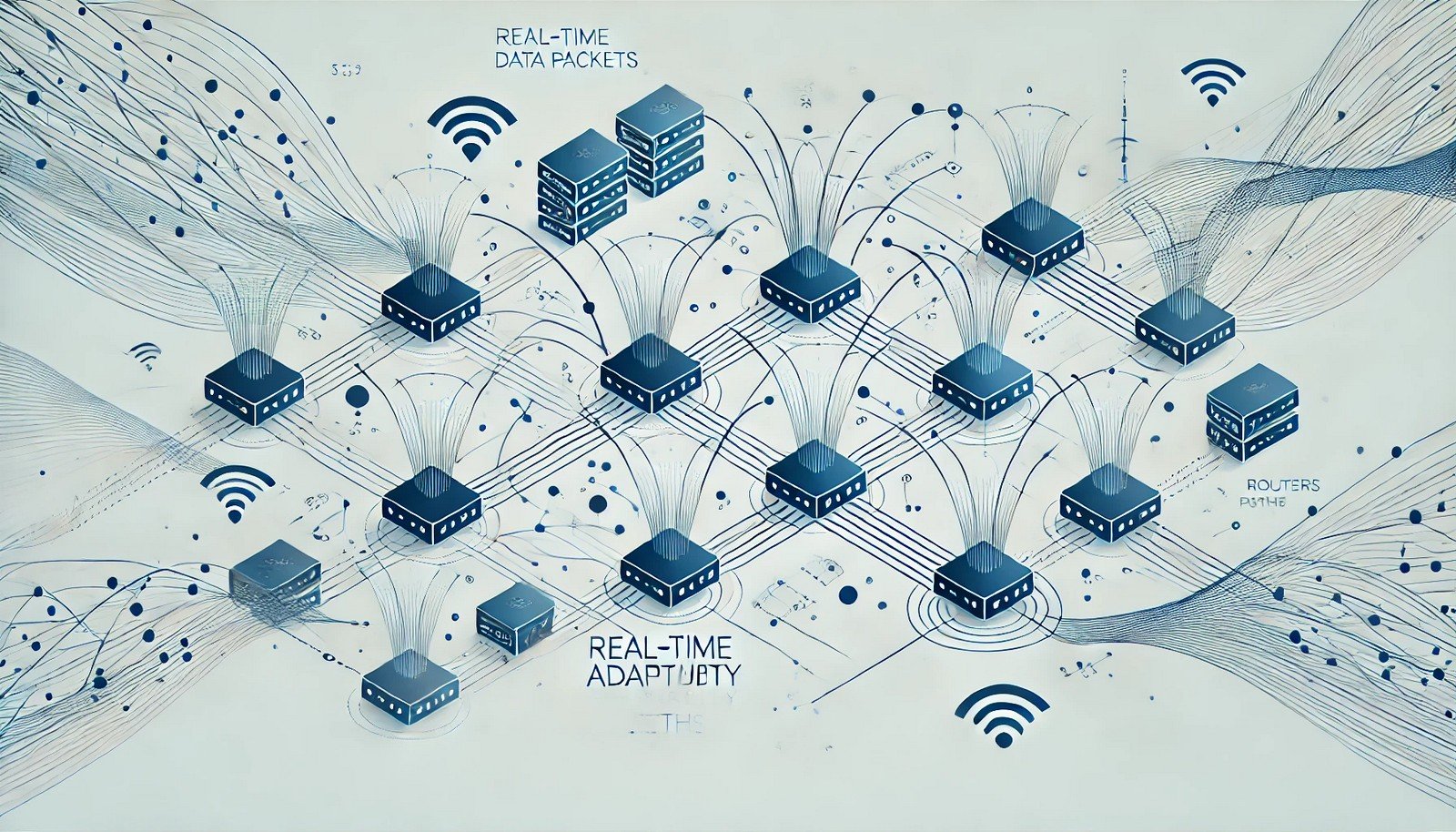 A visually clear digital illustration of a dynamic network with multiple routers adjusting paths for data packets. Some routes are blocked while others remain open, symbolizing adaptive routing in real-time.
