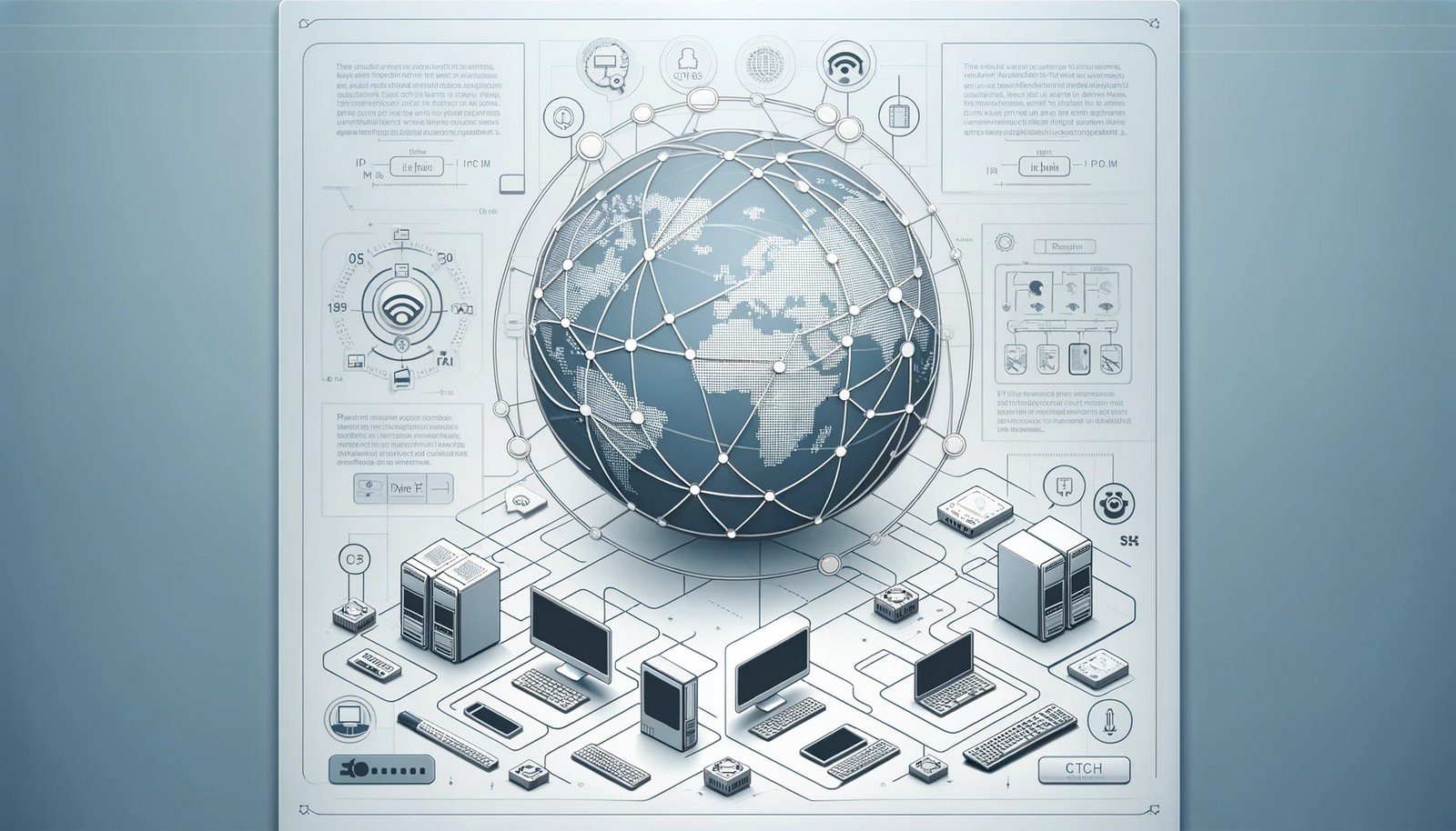 A minimalist digital illustration of IPv4 networking, showing interconnected computers, servers, and routers forming a structured network. The design subtly represents internet connectivity with a clean and modern visual style, without any text.