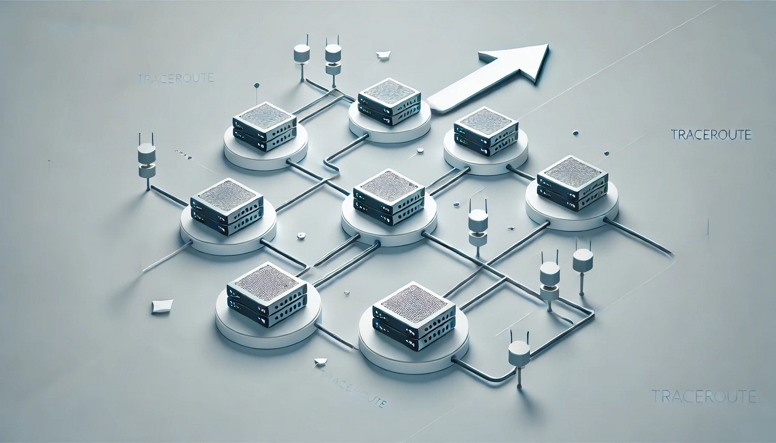 A minimalistic digital illustration representing the Traceroute concept, showing a network path with routers connected by arrows, depicting data packet movement from source to destination. The design is modern and streamlined.