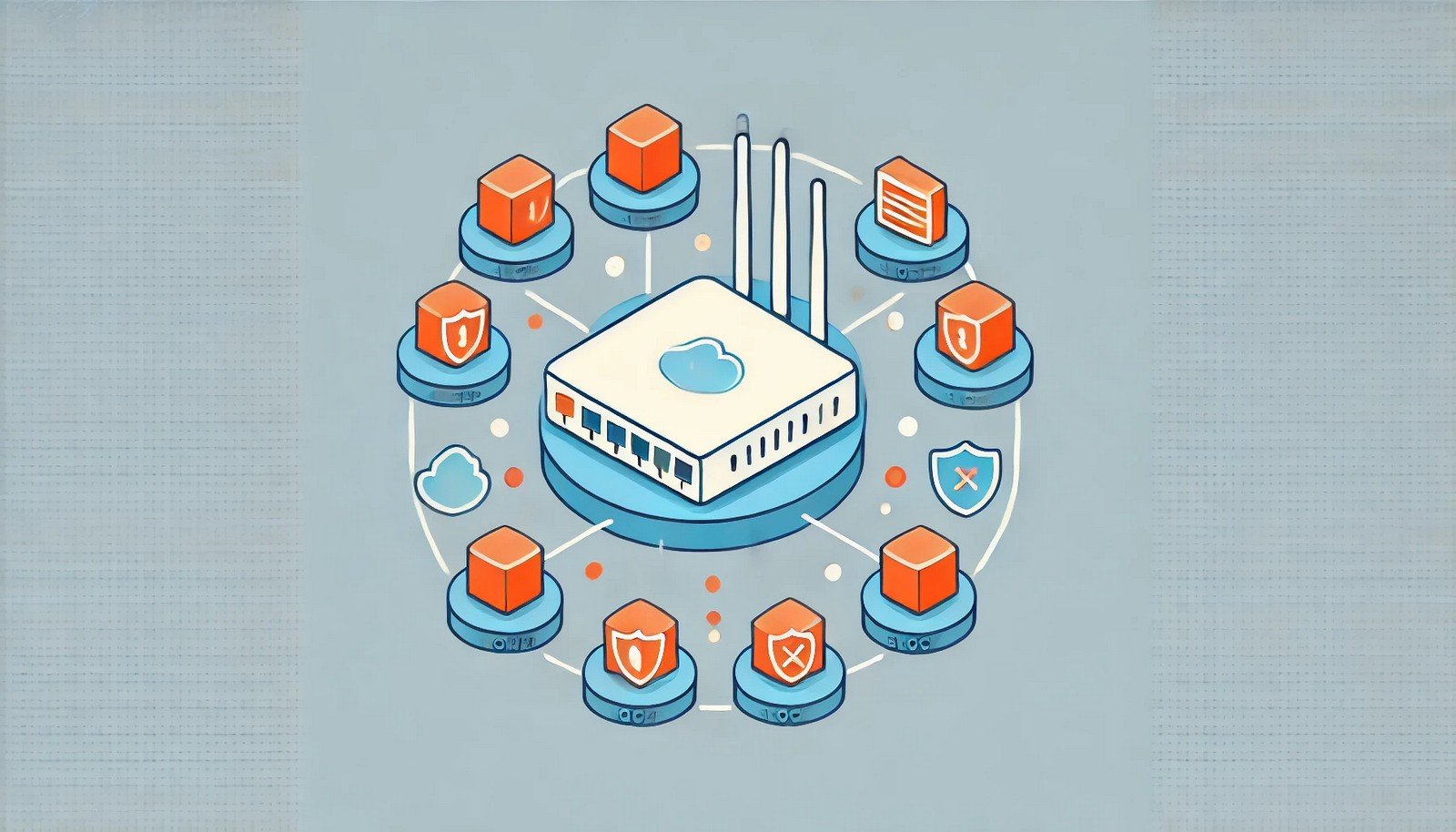 A digital illustration of a network security concept showing packet filtering. A firewall or router inspects incoming and outgoing data packets, allowing safe ones to pass while blocking threats using a color-coded scheme.