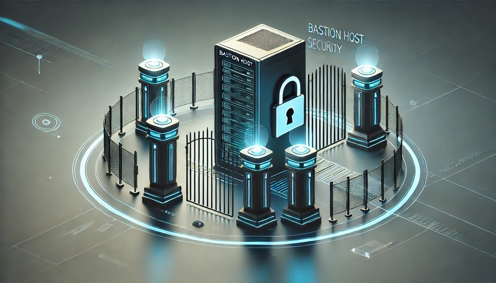A digital illustration of a bastion host as a fortified security gateway, featuring a locked, secure computer checkpoint filtering incoming connections. The design emphasizes network security with glowing cyber-defense barriers and controlled access pathways.