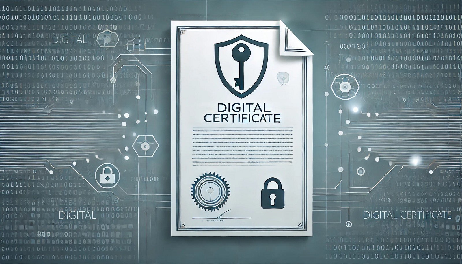 A digital illustration of a secure document with a key symbol and a shield, representing authentication and encryption. The background features subtle cybersecurity elements, including binary code and network lines, emphasizing digital security.