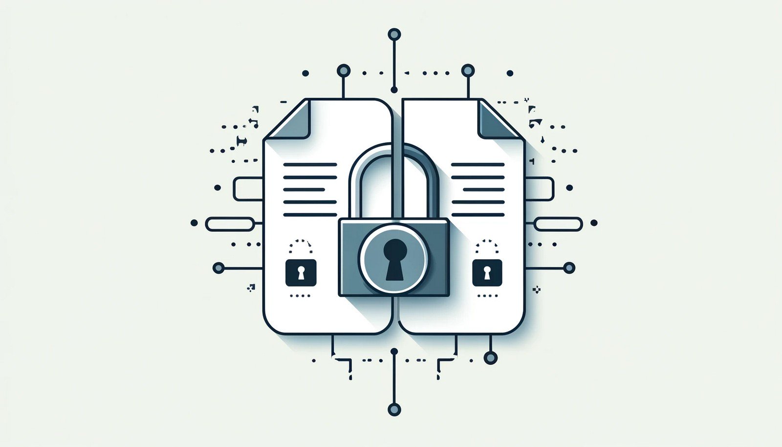 An abstract digital illustration representing a hash collision, with two distinct input documents merging into the same hashed output, symbolized by a locked vault. The design is minimalistic, using modern cybersecurity-themed visuals.