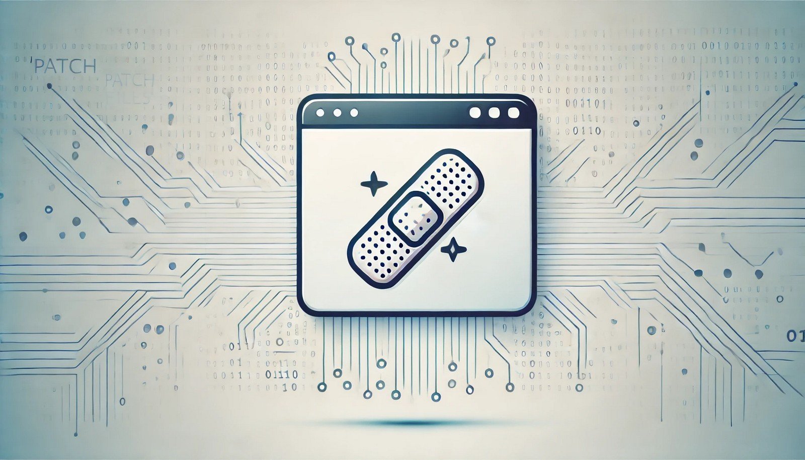 A modern, minimalistic illustration of a software window with a patch icon overlay, symbolizing a repair or update. The background features subtle binary code patterns, representing the technology and cybersecurity aspect of patch files.