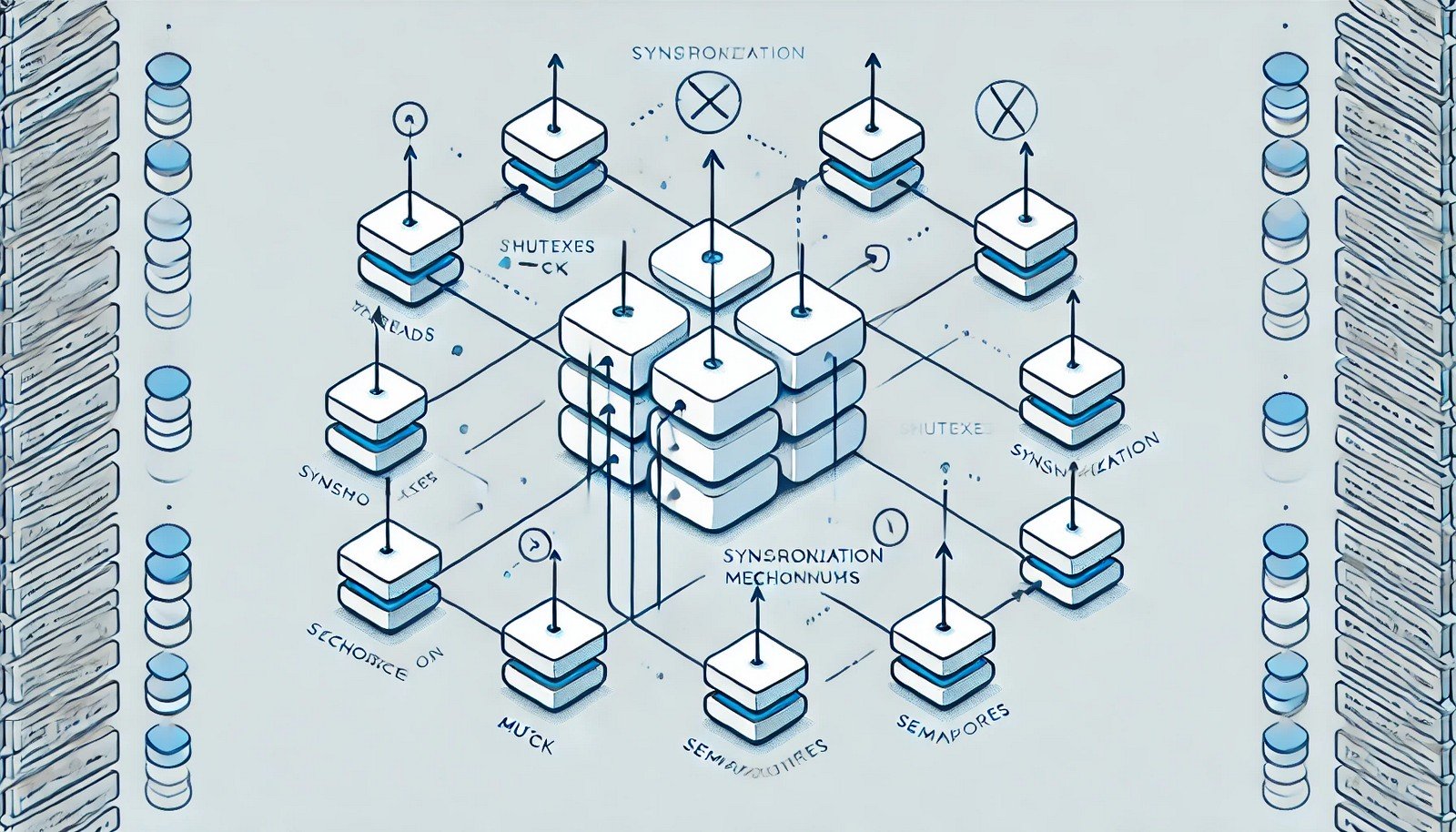 A conceptual digital illustration of thread synchronization, showing multiple threads as lines or arrows trying to access a shared resource, with mutexes or semaphores controlling access to ensure orderly execution.