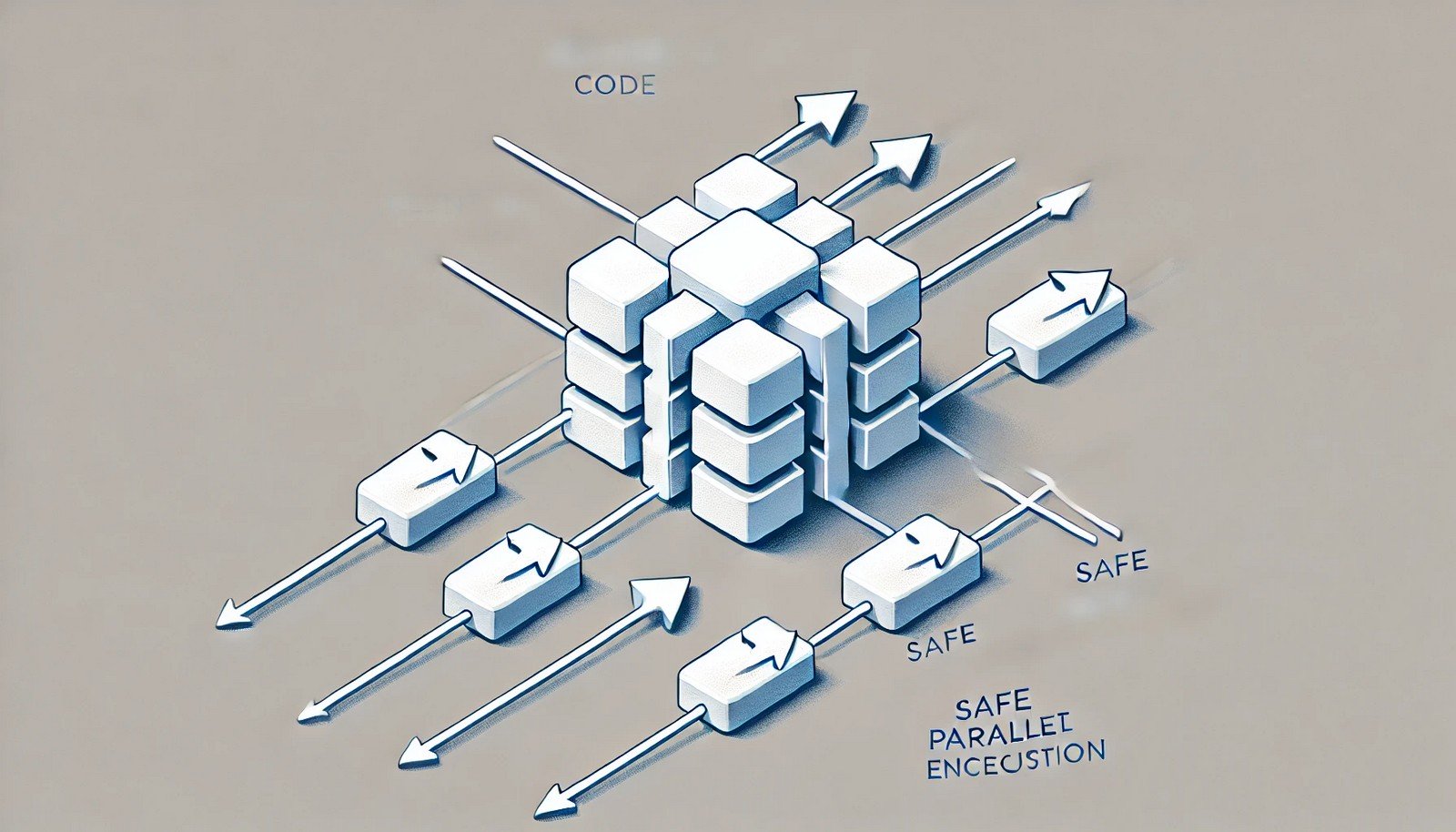 A minimalistic digital illustration of reentrant code, showing multiple threads represented as arrows accessing and executing the same function without interference. The function appears as a shared block, ensuring safe parallel execution.