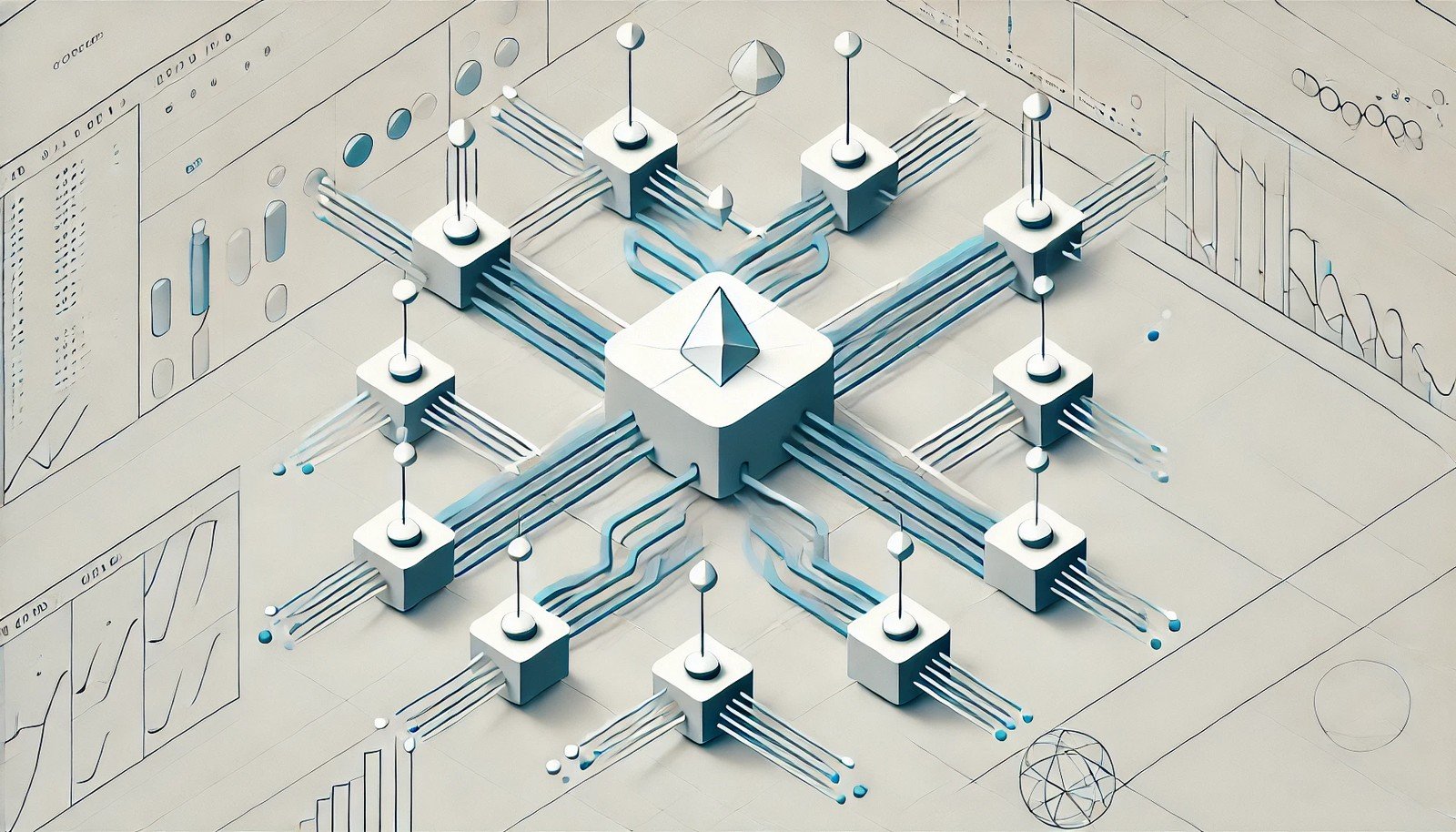 A minimalistic illustration of atomic operations in computing, showing multiple abstract threads attempting to modify a shared resource, but only one succeeding at a time, representing synchronized execution in a multi-threaded environment.