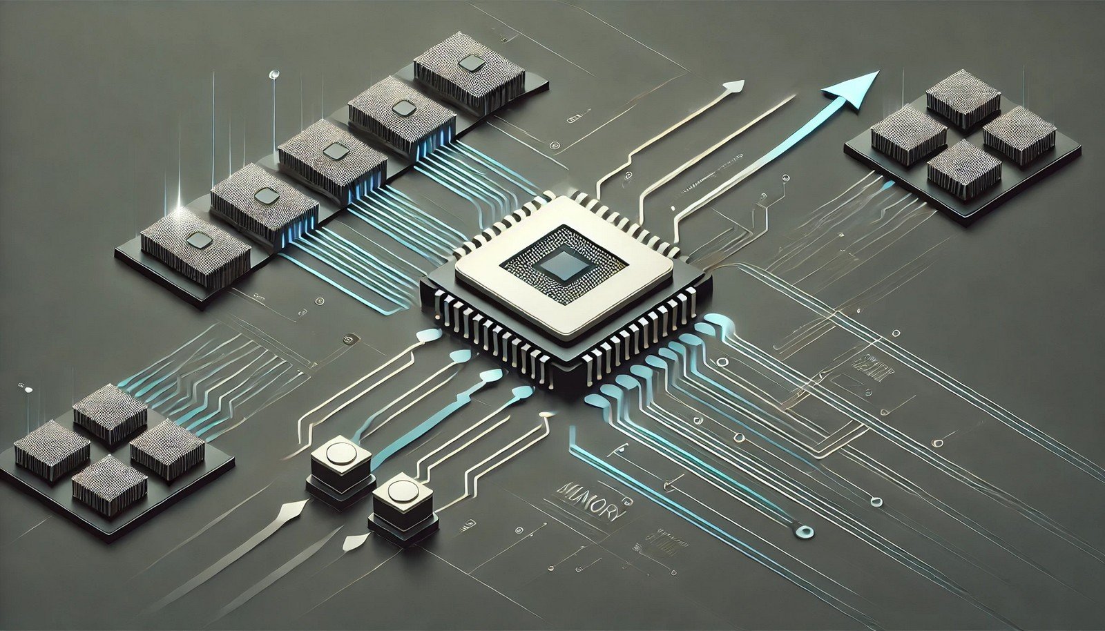 A futuristic and minimalistic illustration representing memory addressing in computers. The image shows a processor accessing multiple memory locations through circuit-like pathways, with arrows indicating data flow between CPU and memory blocks. No text present.