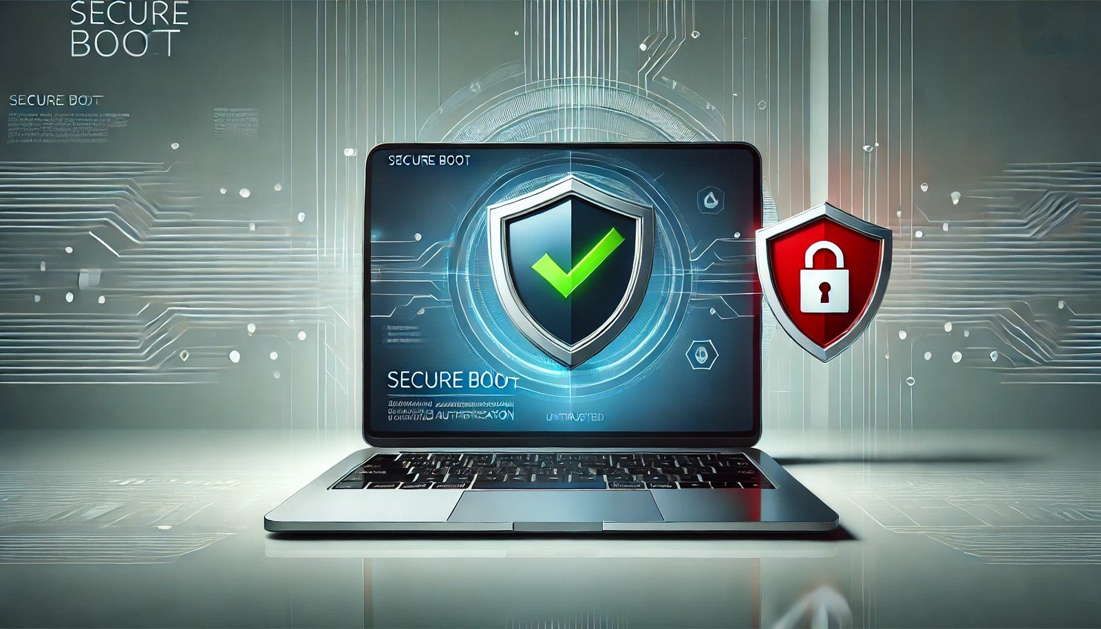 A futuristic, minimalistic illustration of a laptop booting up with a green checkmark symbolizing secure authentication. A red warning sign blocks an untrusted software attempt, reinforcing the concept of Secure Boot.