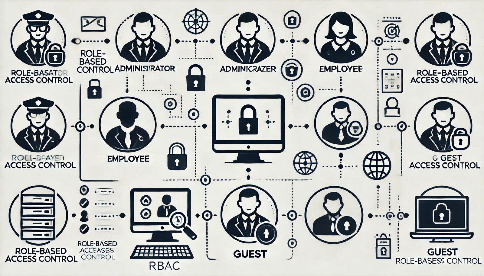 An illustration representing Role-Based Access Control (RBAC) with different user roles: Administrator, Employee, and Guest. Each role is visually linked to specific access permissions on a computer system, emphasizing security management.