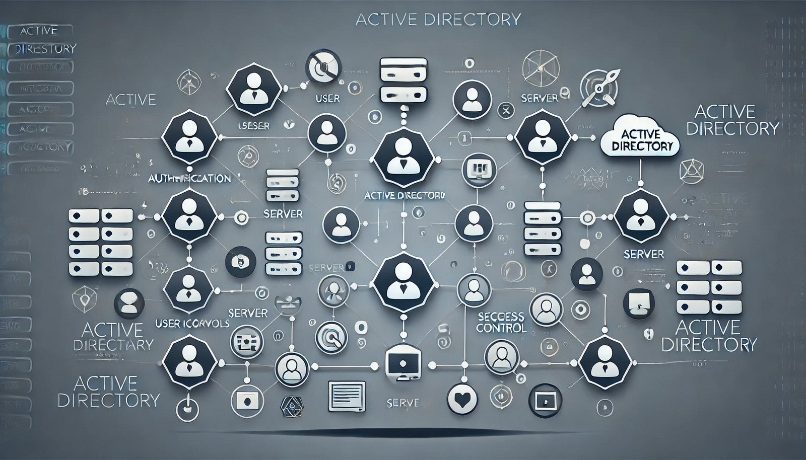 A digital illustration representing Active Directory, showing a structured network hierarchy with interconnected nodes, user icons, server symbols, and security elements, visually depicting authentication, access control, and resource management in IT environments.