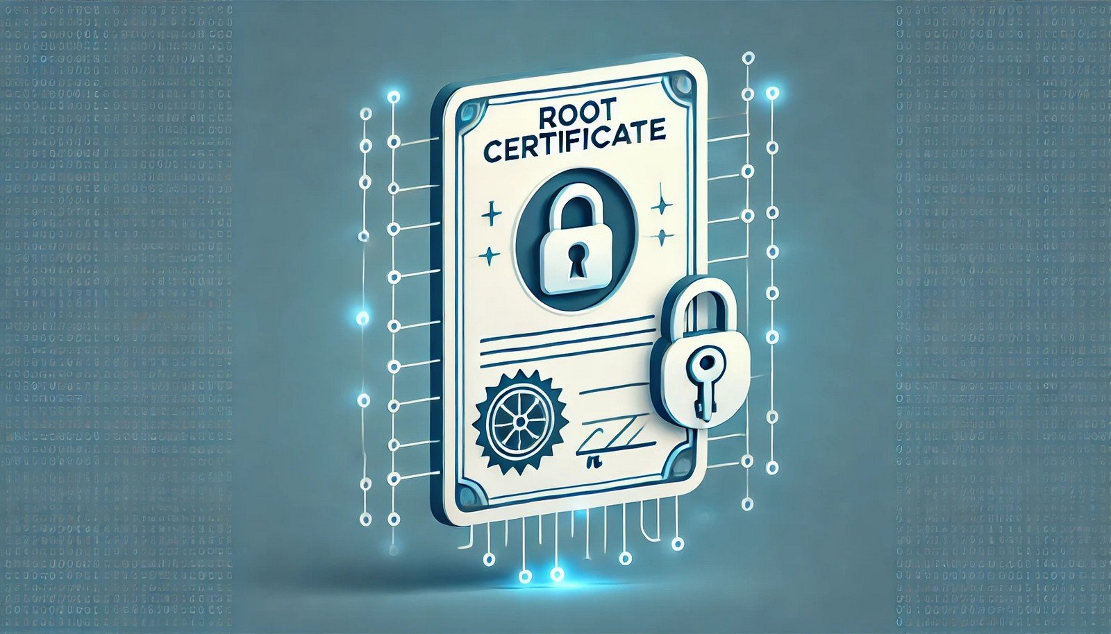 A digital illustration of a root certificate in cybersecurity, featuring a certificate document with a cryptographic key symbol and a secure padlock overlay. The image conveys trust and authentication in web security with a minimalistic design.