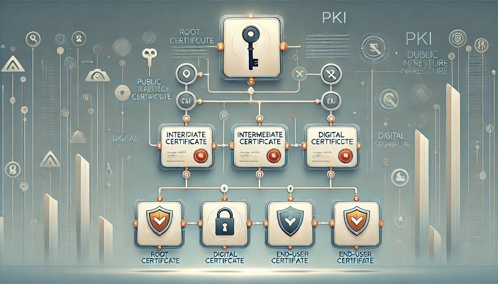 A digital illustration depicting an Intermediate Certificate in a Public Key Infrastructure (PKI) system. A hierarchical layout shows a Root Certificate at the top, an Intermediate Certificate in the middle, and multiple End-User Certificates at the bottom. Security elements like keys, shields, and digital signatures emphasize encryption and trust. The image is clean and minimalistic, using a futuristic cybersecurity theme.