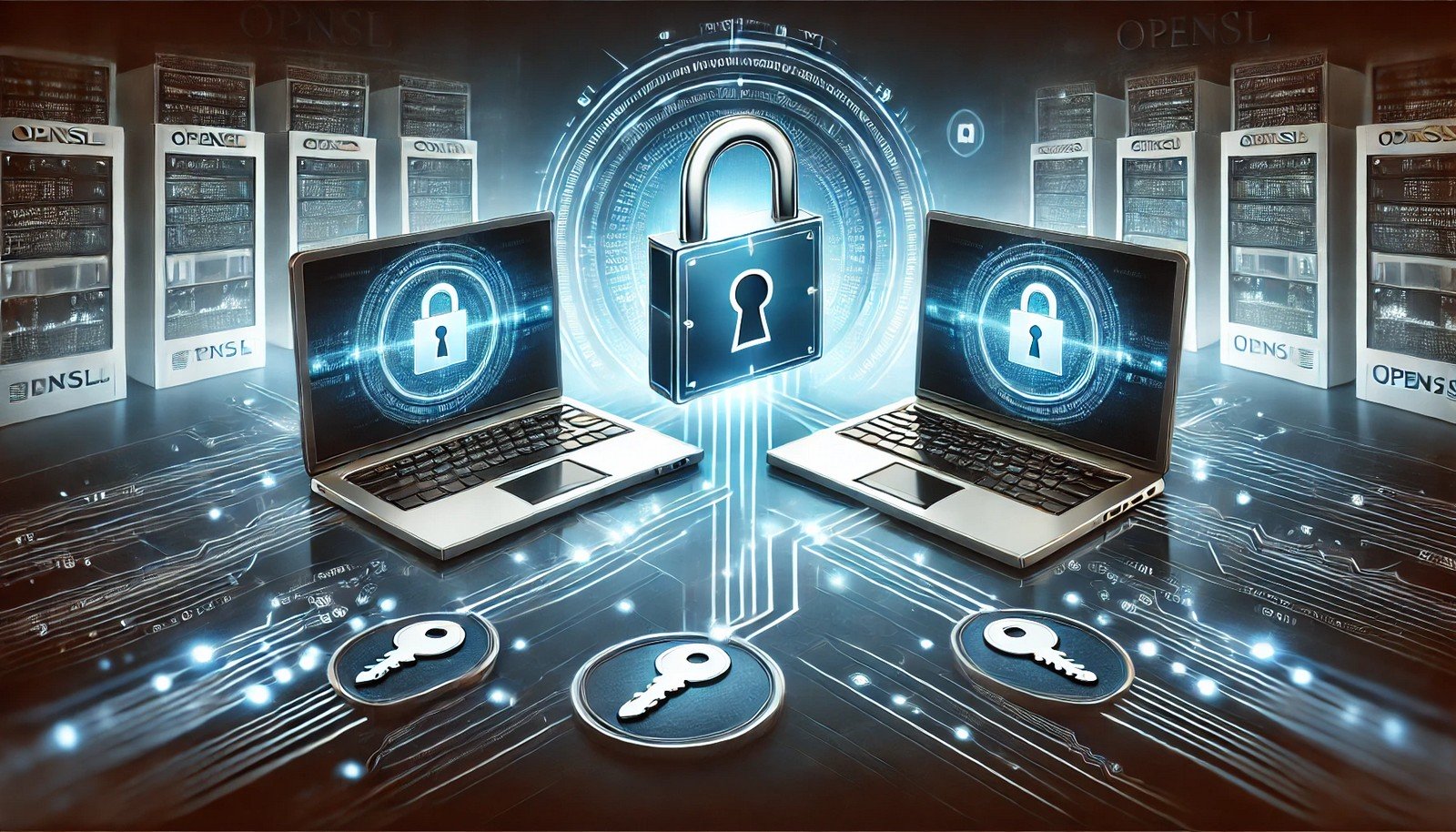 A digital illustration depicting OpenSSL's encrypted communication, showing two computers securely exchanging data with a lock symbol. A subtle key exchange process represents cryptographic security, set against a futuristic technology-themed background.