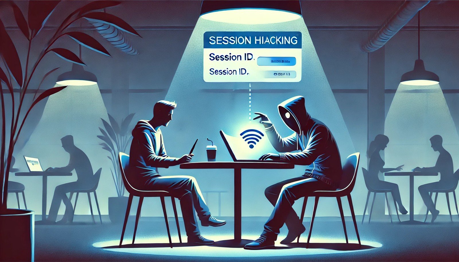 A digital illustration of session hijacking shows a hacker in a shadowy figure using a laptop to intercept a session ID from an unsuspecting user at a café. The stolen data appears as a glowing signal.