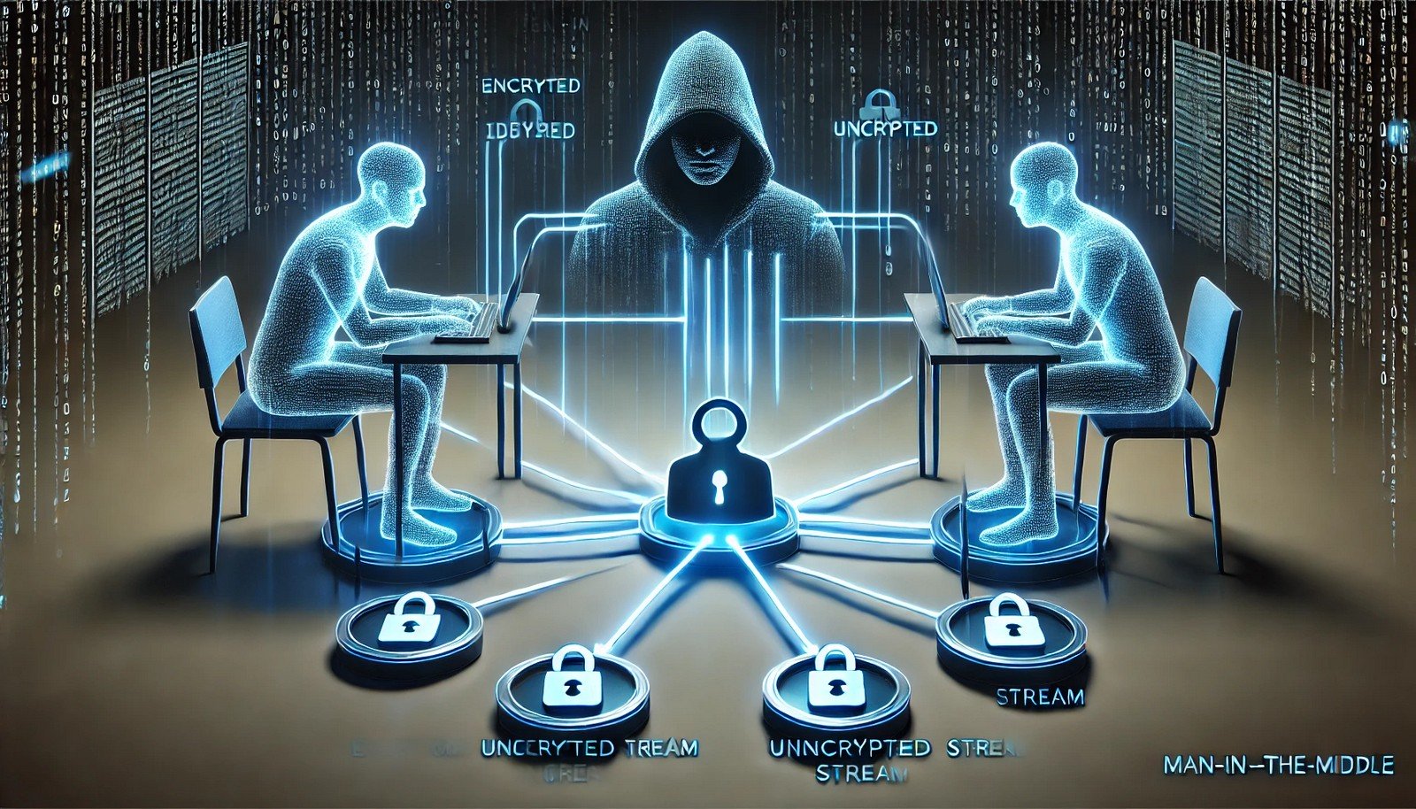 A conceptual digital illustration of a Man-in-the-Middle attack, showing two users communicating while a shadowy attacker intercepts and manipulates their data. One data stream remains encrypted, while the other is compromised.
