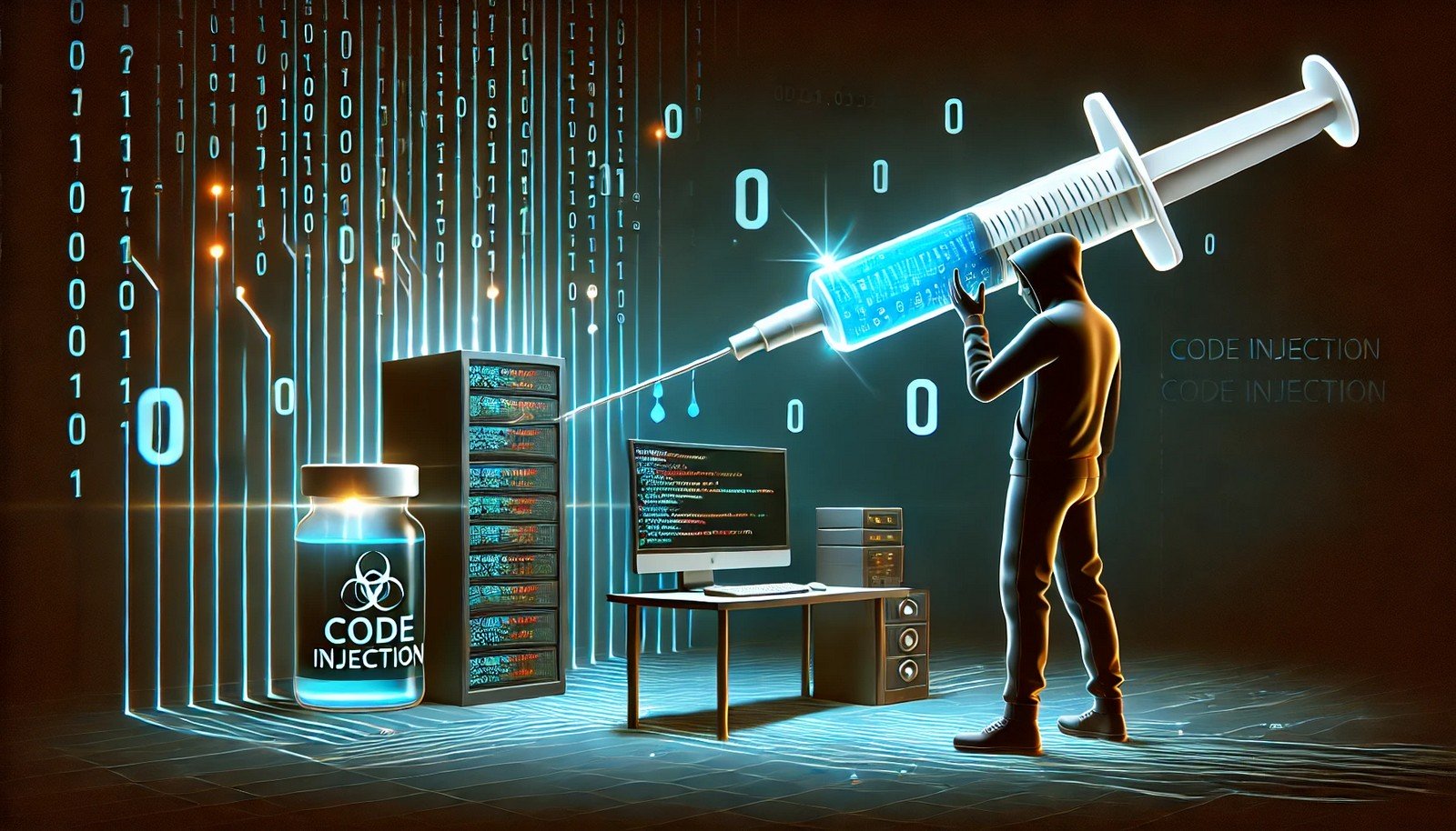 A digital illustration of Code Injection, showing a hacker injecting malicious code into a computer system with a syringe metaphor. Binary numbers and glowing code snippets flow into the system, highlighting cybersecurity threats in a cyberpunk-style setting.