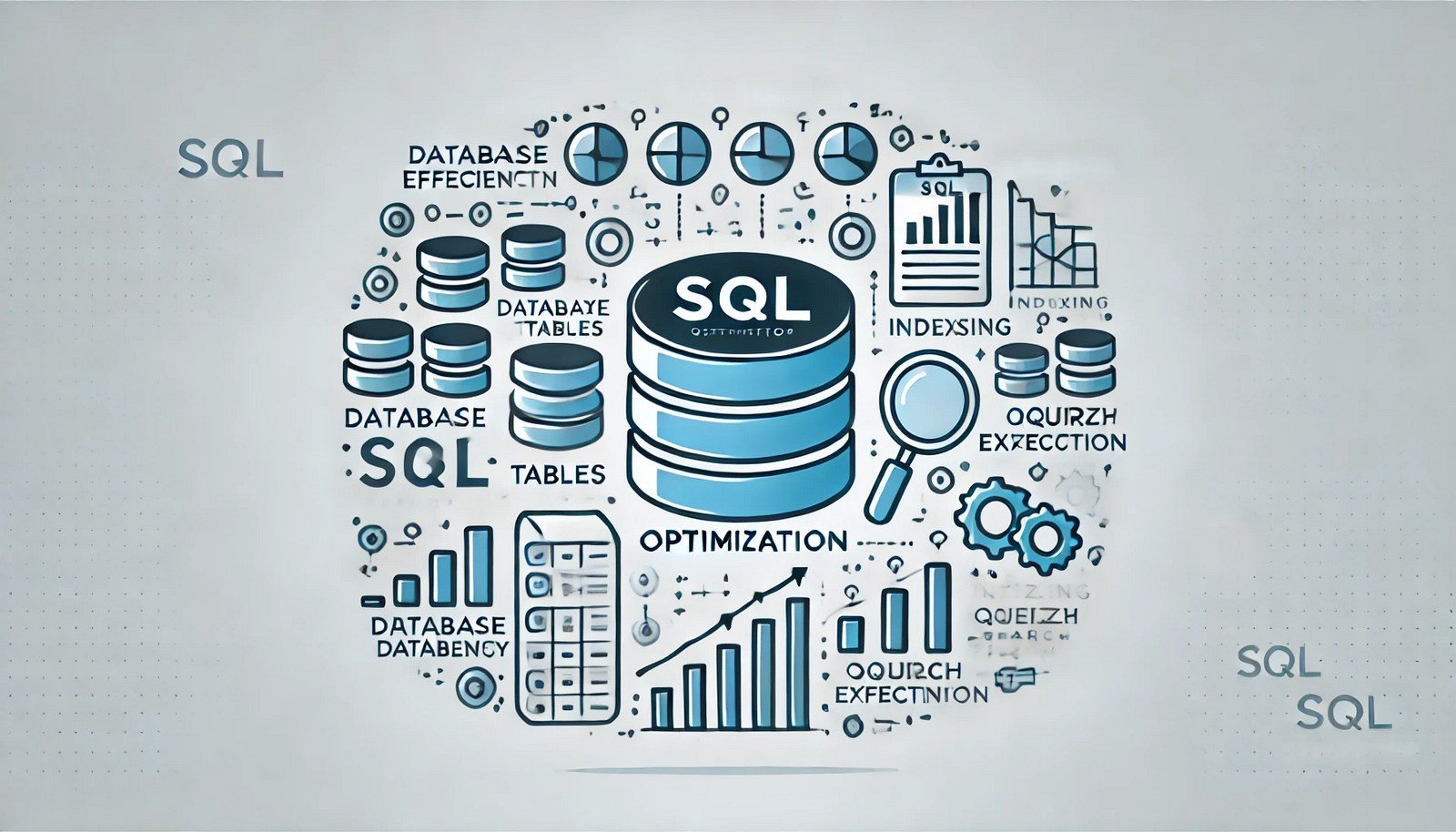 A visually engaging illustration depicting SQL Optimization, showcasing database tables, indexing, and efficient query execution. The design highlights structured data flow, improved performance, and streamlined data retrieval without any text elements.
