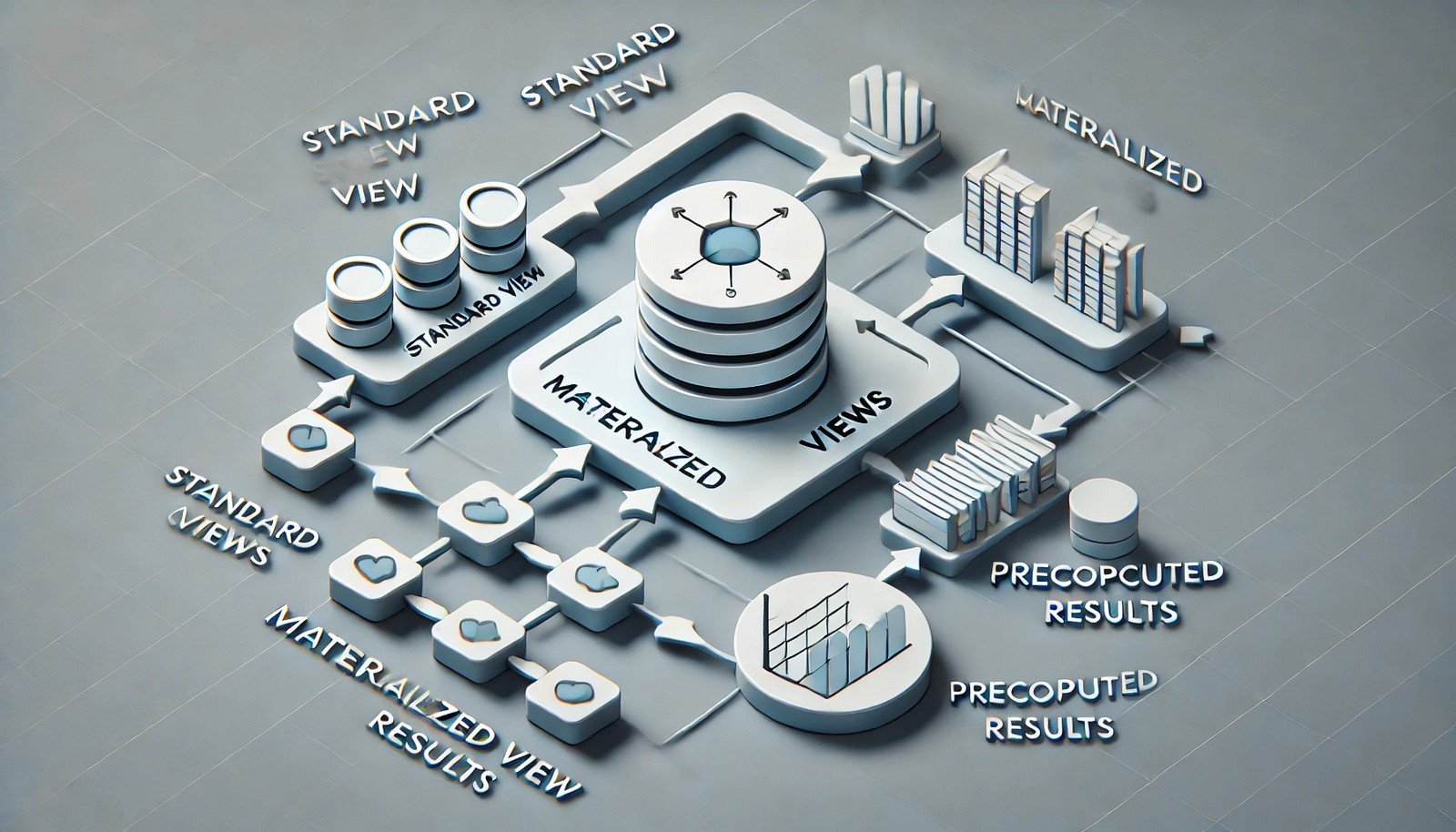 A conceptual illustration of materialized views in a database, visually distinguishing between standard views (real-time queries) and materialized views (precomputed results) using a flowchart-style design with arrows and database structures.