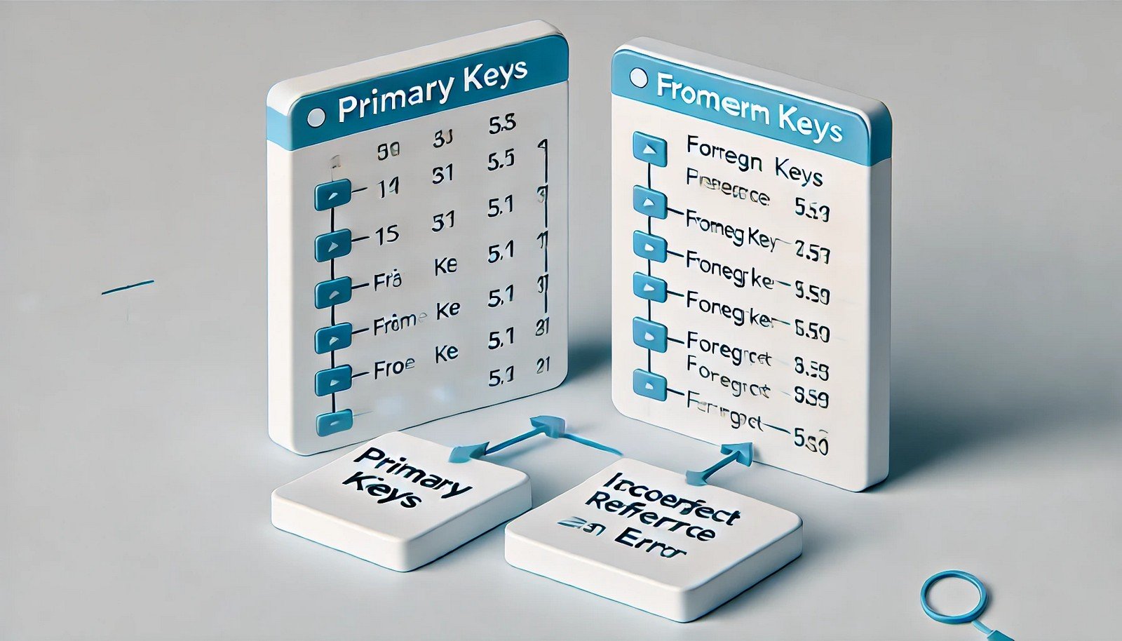 A minimalist digital illustration representing referential integrity in databases. Two database tables are shown, one with primary keys and another with foreign keys referencing them, with a visual indication of an incorrect reference.