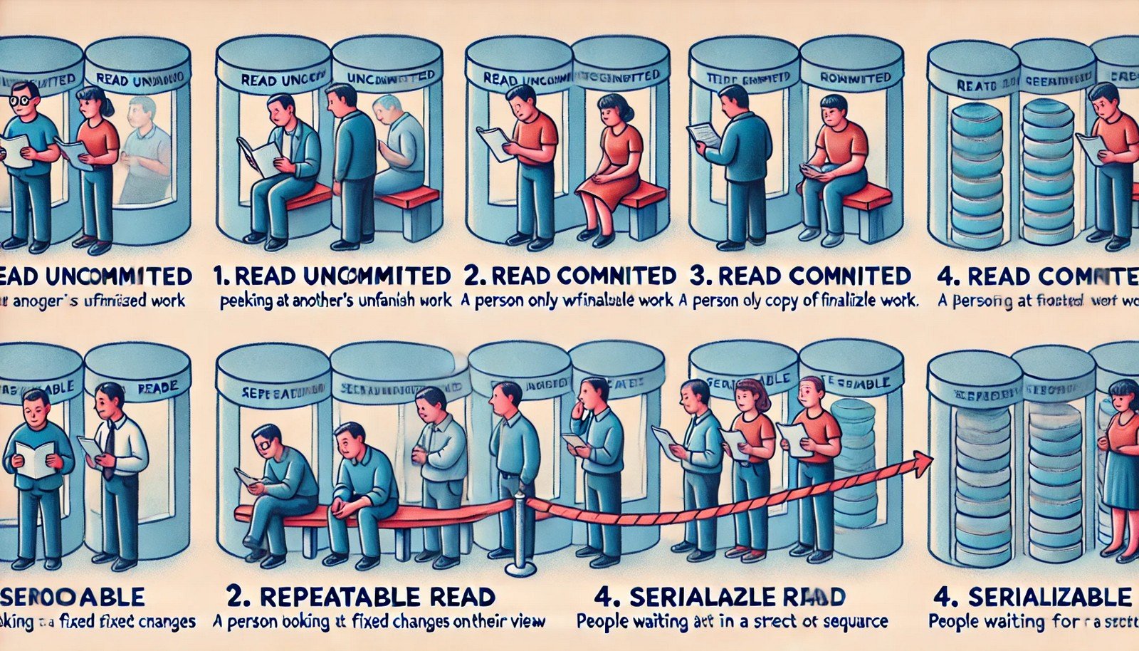  A conceptual illustration showing four different transaction isolation levels in databases using real-world metaphors. It depicts individuals interacting with work processes, simulating various levels of access, visibility, and sequential execution in a controlled environment.