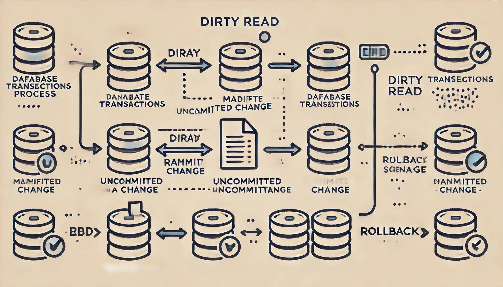 A minimalistic illustration of a database transaction showing a dirty read. One transaction modifies a record, while another reads the uncommitted data. Icons represent database tables, transactions, and rollback scenarios.